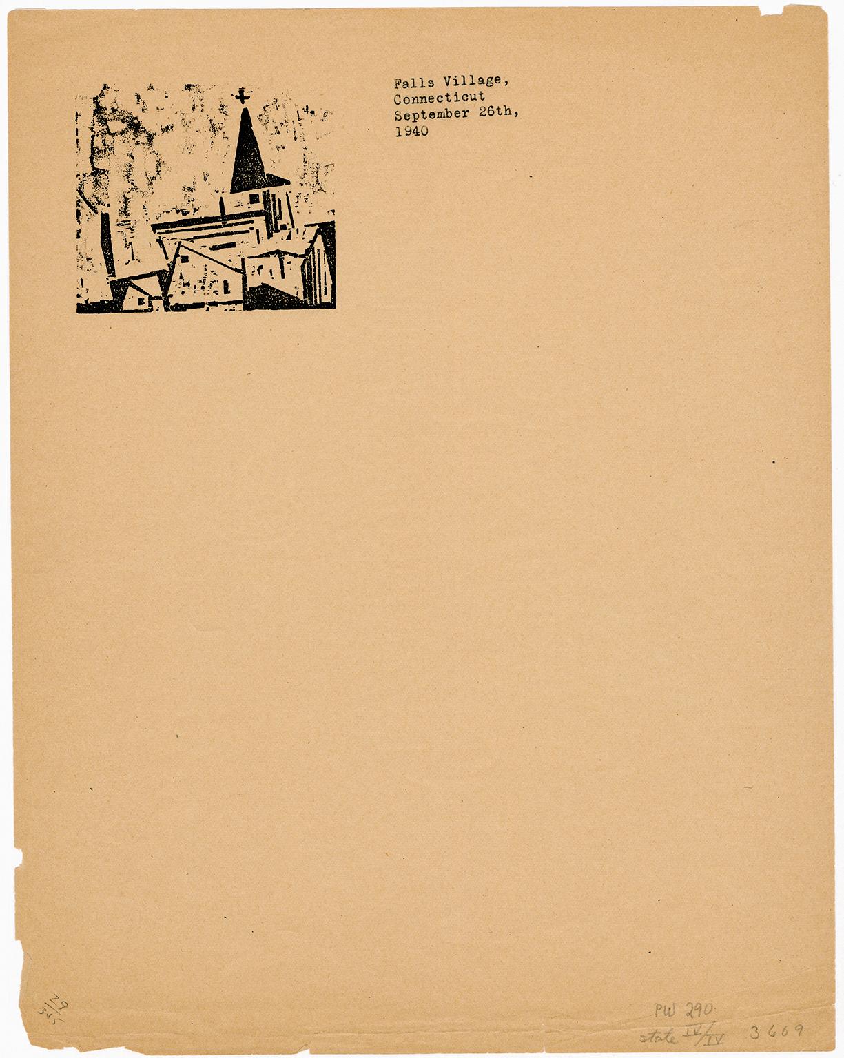 Église avec maison et arbre - Papier à en-tête personnel de l'artiste, années 1940 Modernisme - Bauhaus Print par Lyonel Feininger