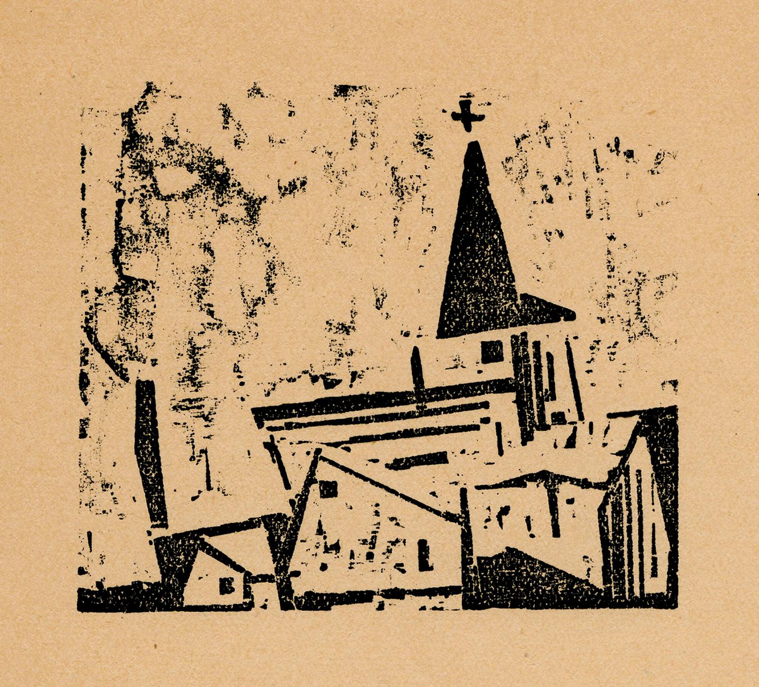 'Iglesia con casa y árbol' - Membrete personal del artista, Modernismo de los años 40