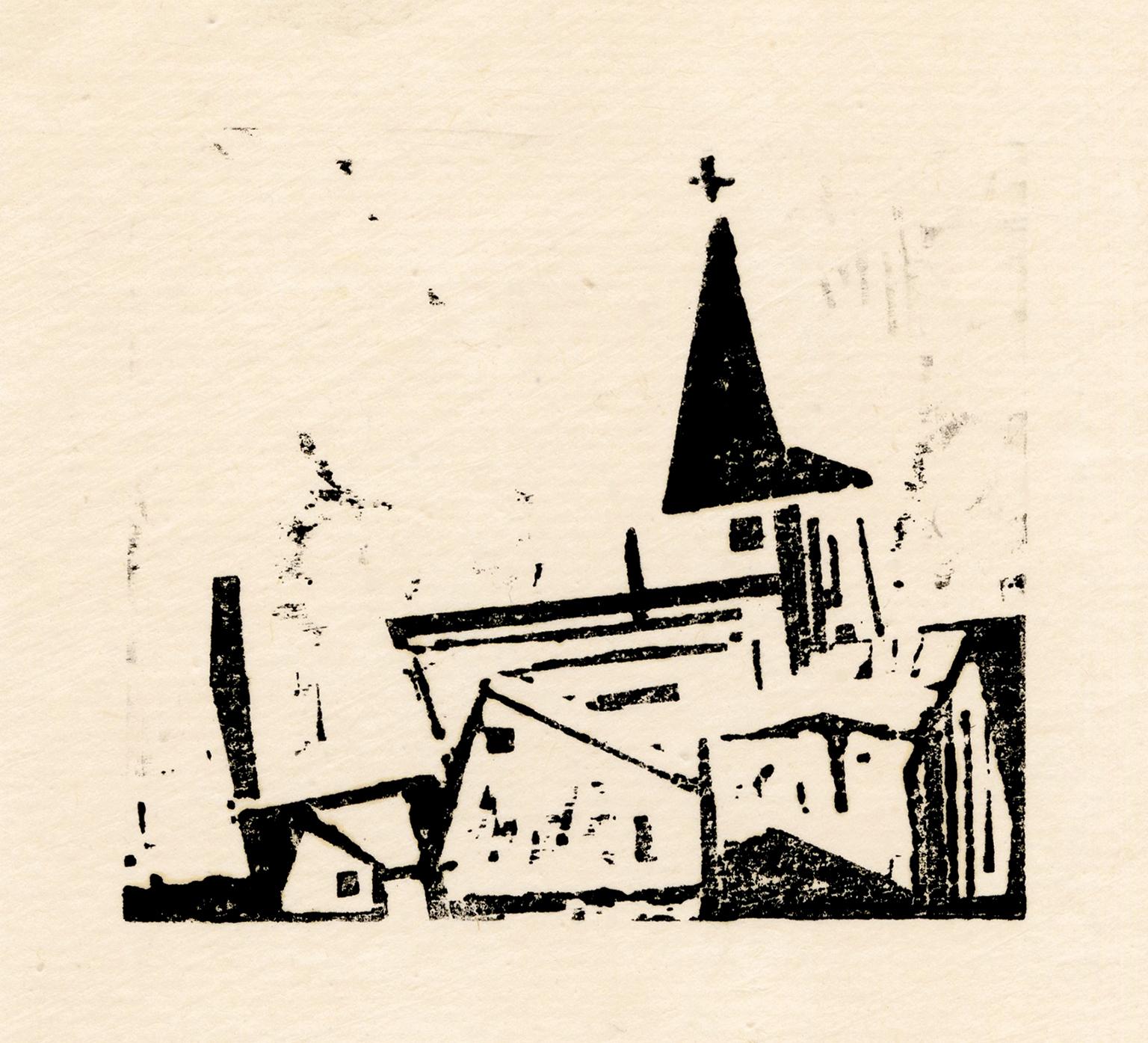 Église avec maison et arbre - Papier à en-tête personnel de l'artiste, modernisme du Bauhaus