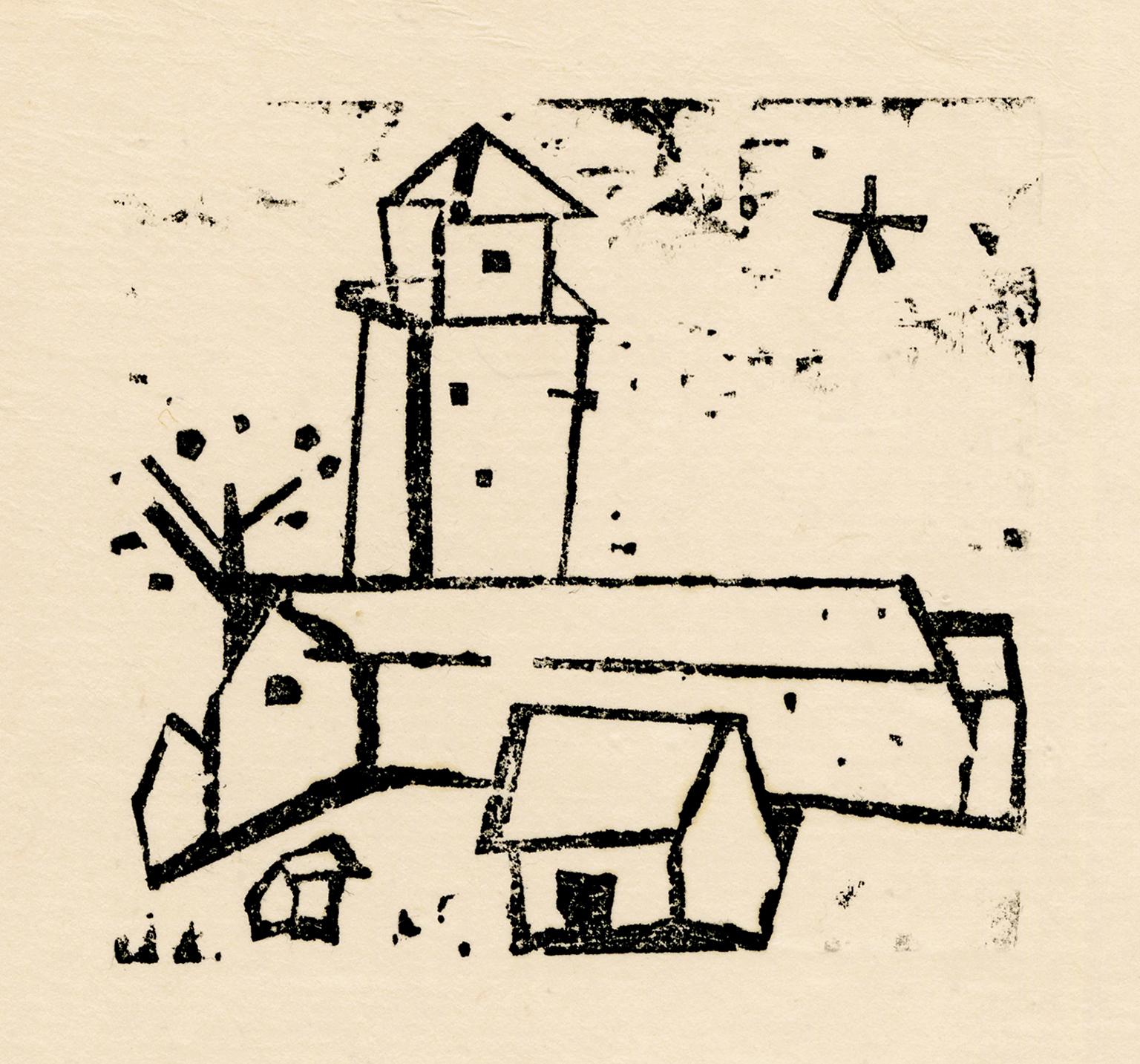 Lyonel Feininger Figurative Print – Kirche mit Häusern" - Persönlicher Briefkopf des Künstlers, Bauhaus-Moderne