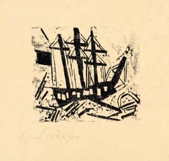Antique Dreimaster mit Flagge, 3 und Sonnenuntergang
