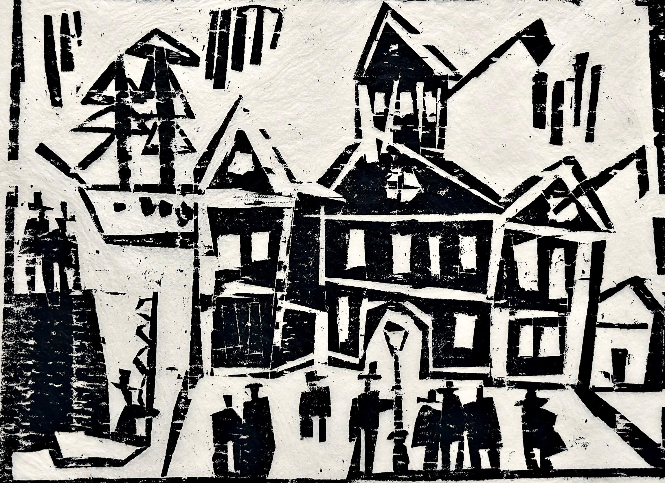 Lyonel Feininger Customs House, Figures and Sailors 1920 Hand-signed woodcut For Sale 1