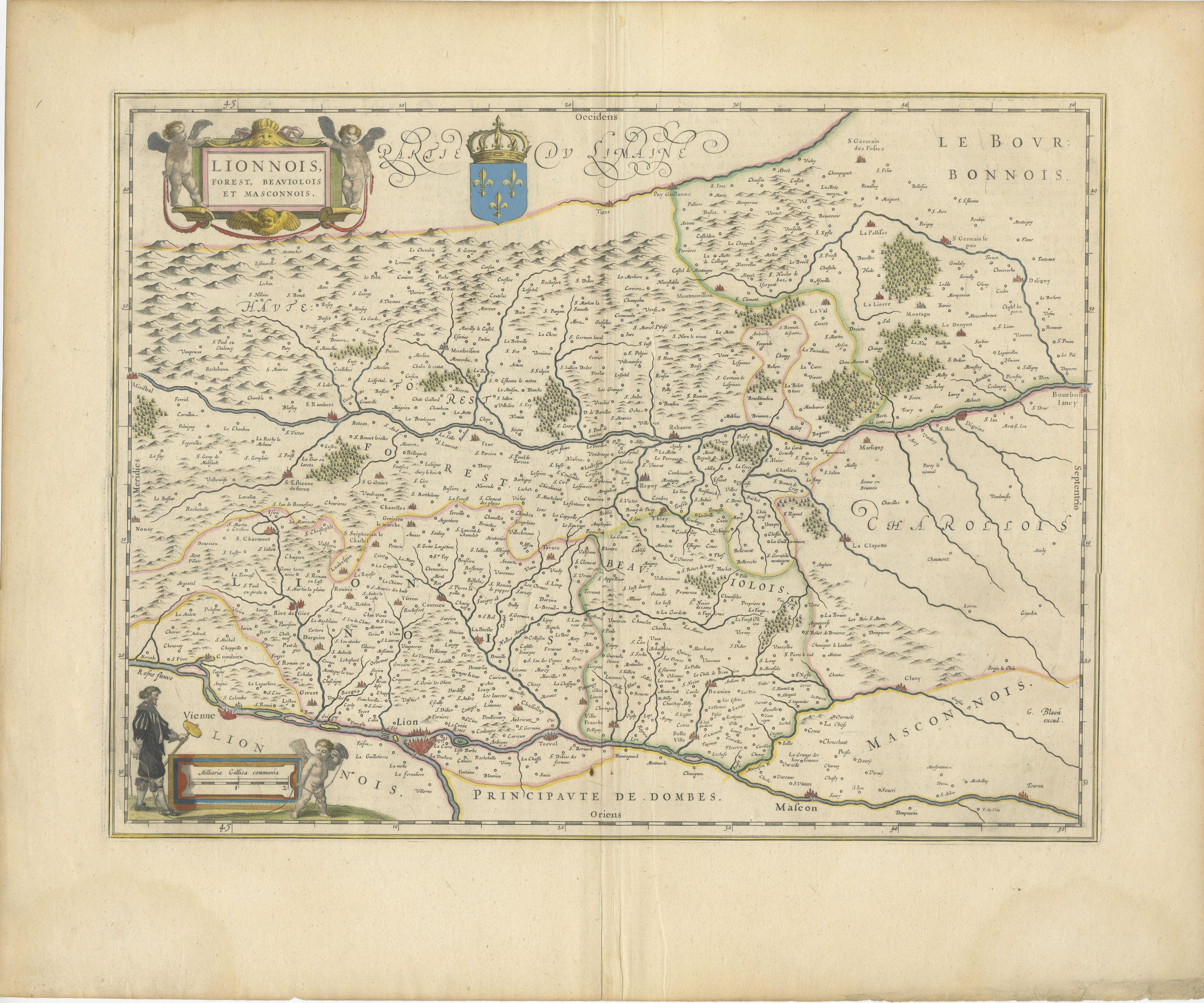An original antique map from 1644, depicting the French provinces of Lyonnais, Beaujolais, Forez, and Mâconnais. In this map, north is oriented to the right, which is a cartographic convention not commonly used today but seen in historical maps. The