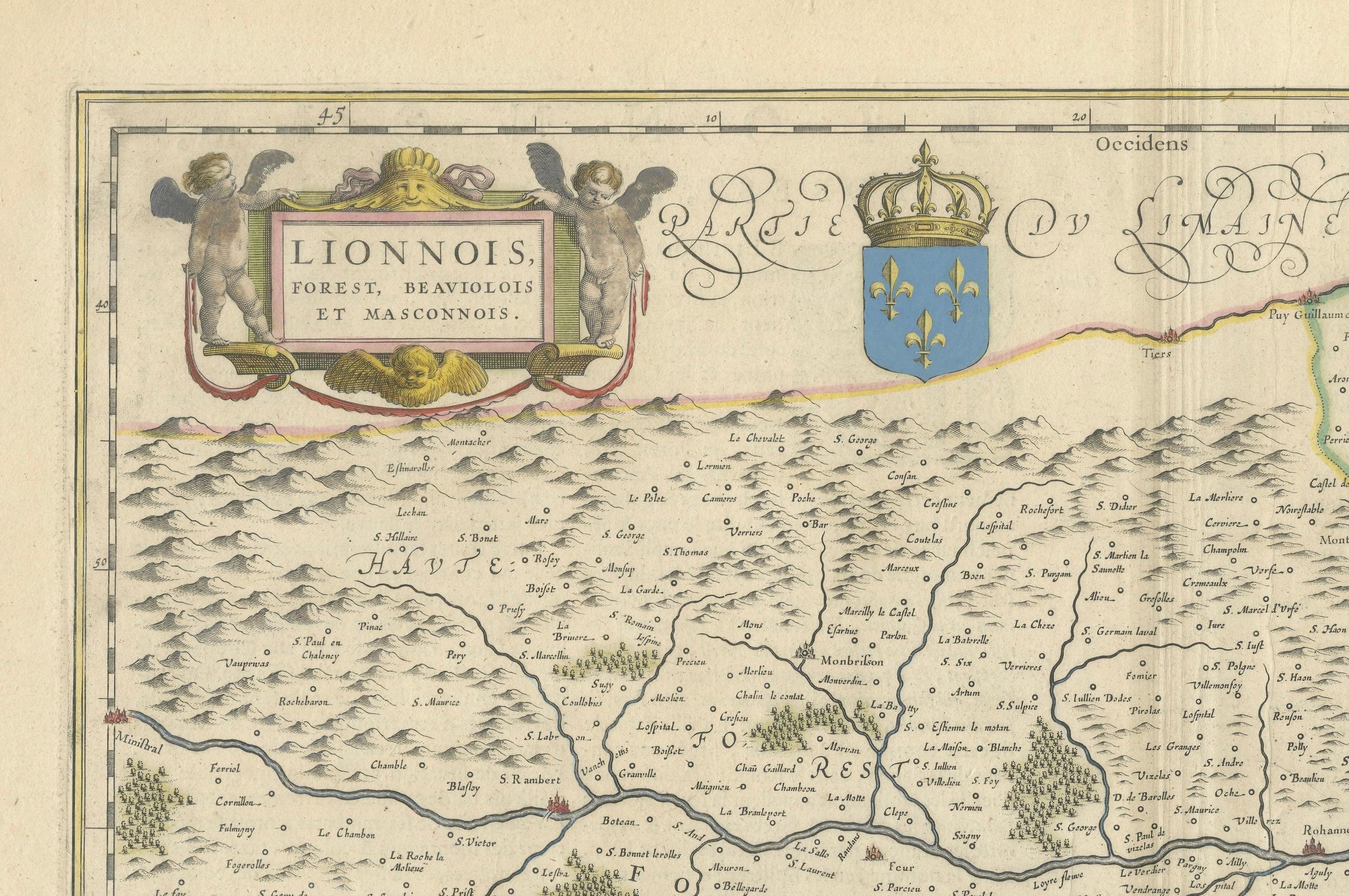 Paper Lyonnais, Beaujolais, Forez, Mâconnais: A 1644 Depiction of France's Provinces For Sale