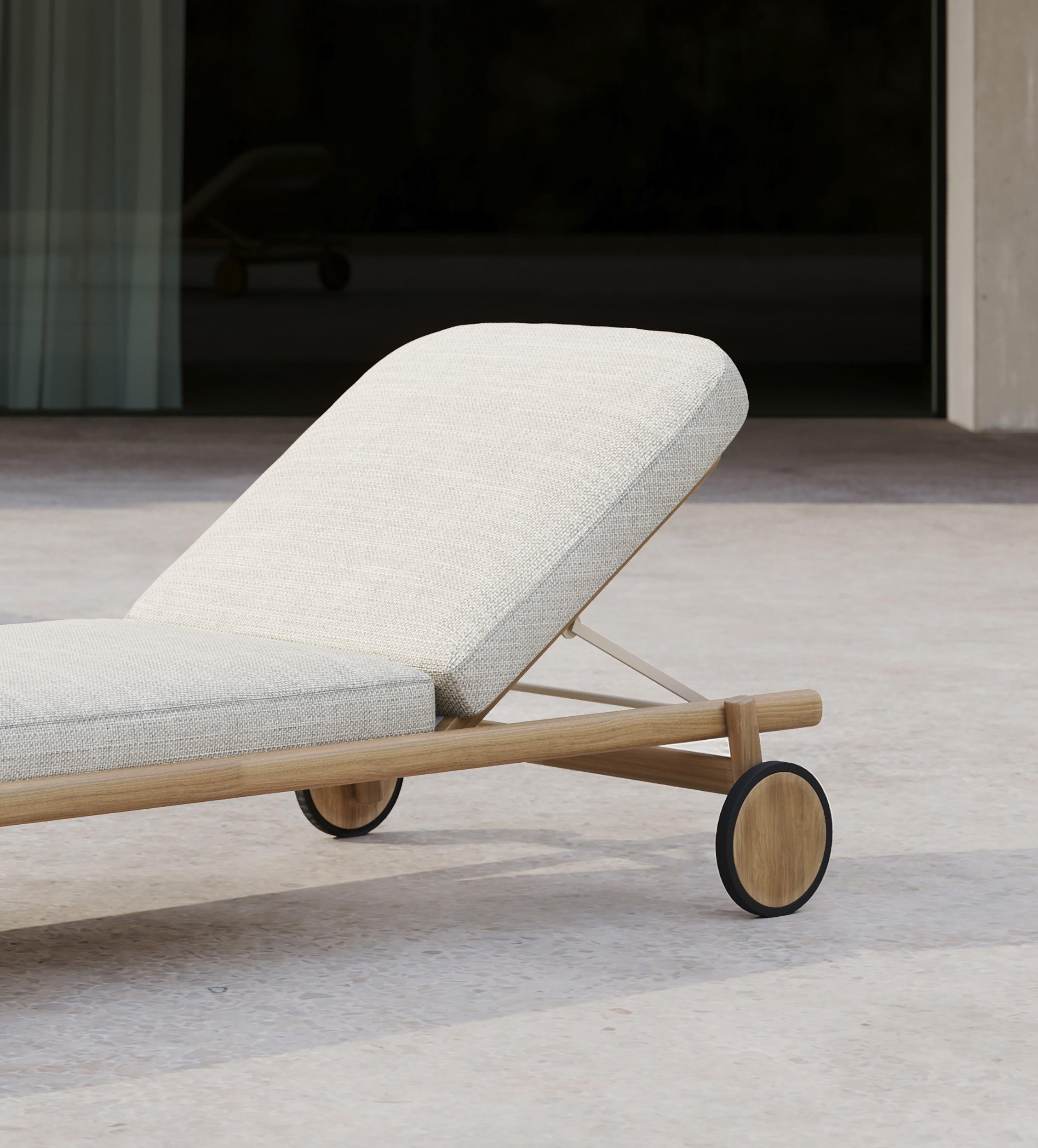 Post-Modern Lyora FSC Teak Wood And Ethereal Fabric Upholstery Sun Lounger by SNOC For Sale