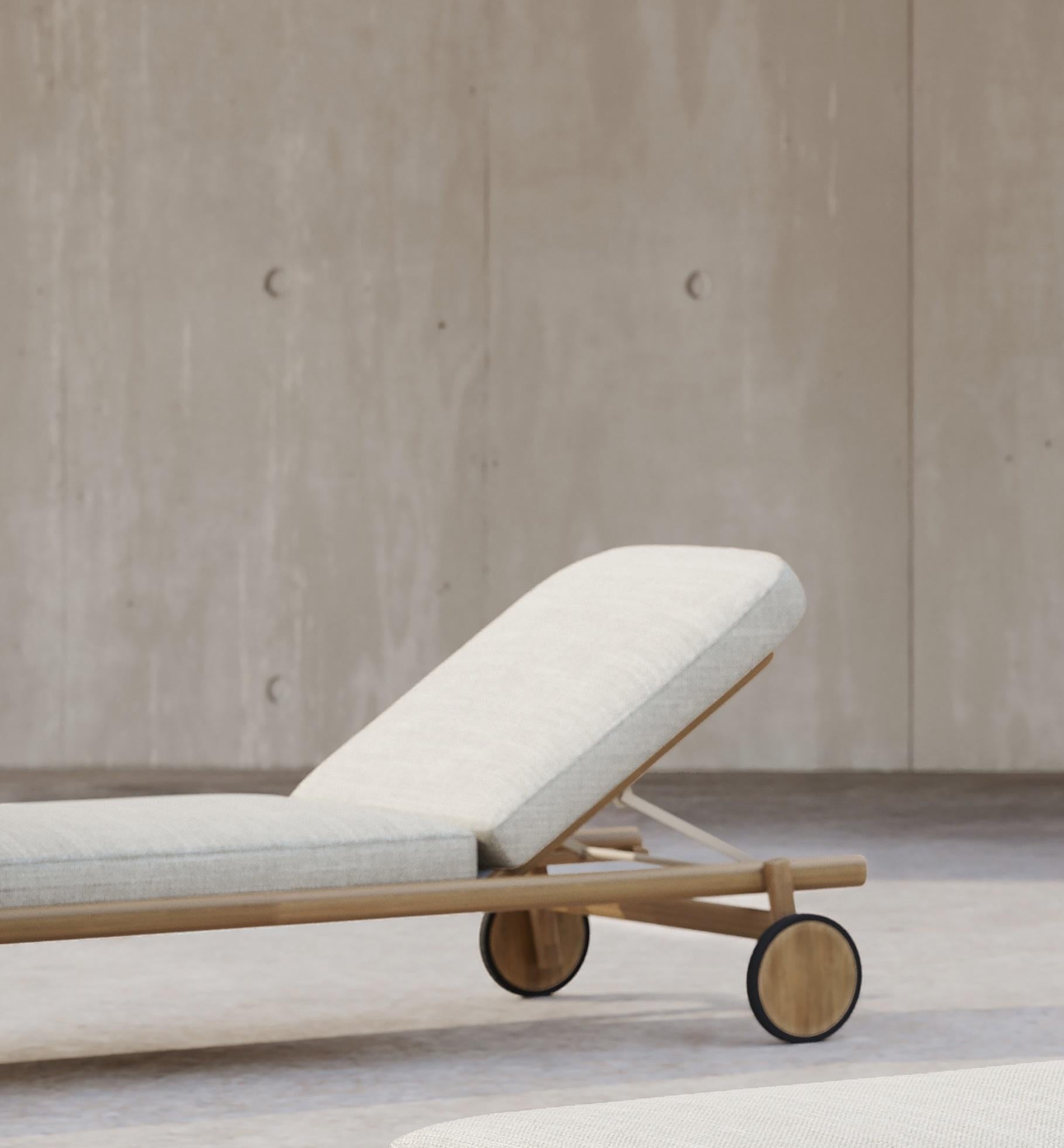 Turkish Lyora FSC Teak Wood And Ethereal Fabric Upholstery Sun Lounger by SNOC For Sale