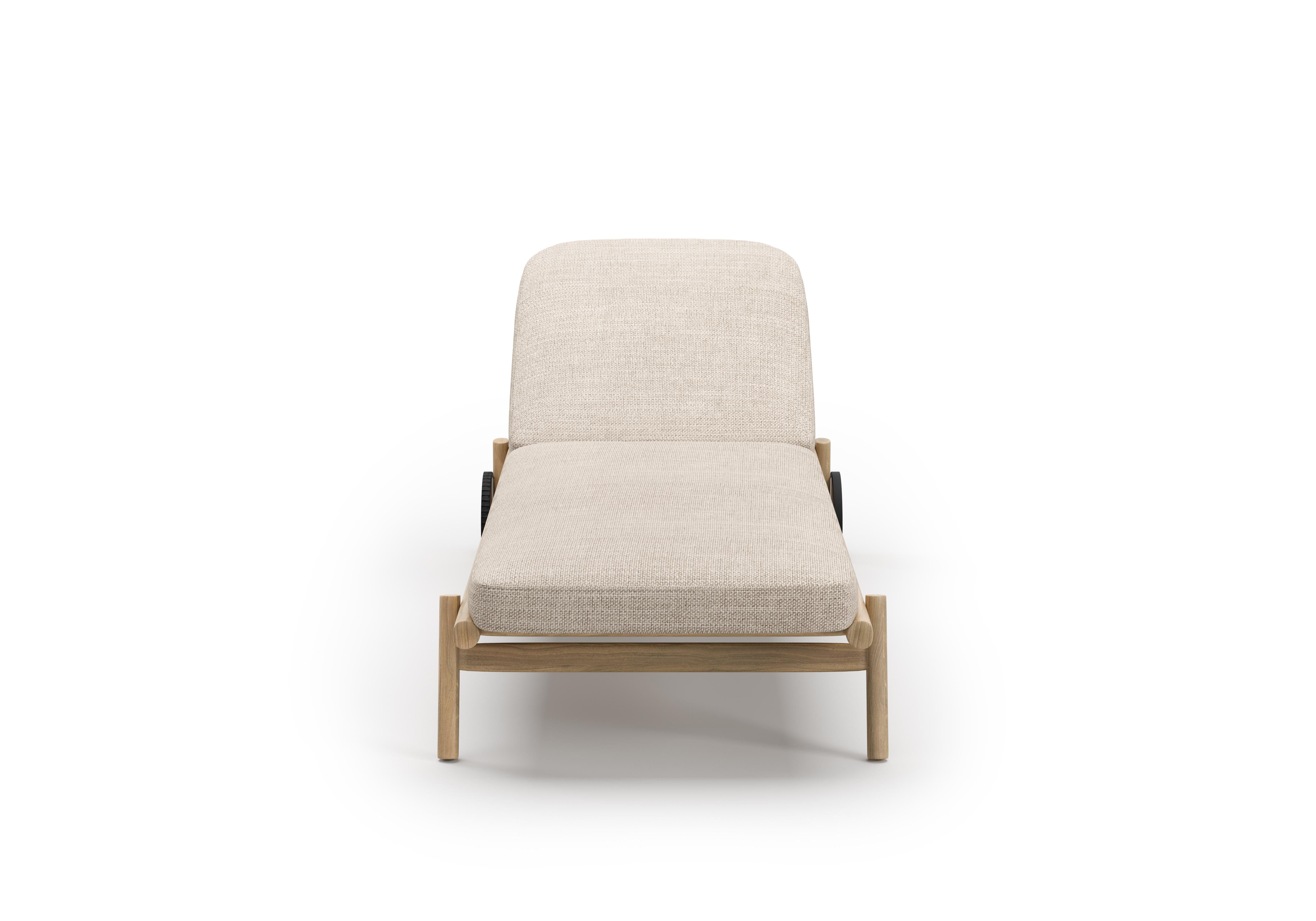 Contemporary Lyora FSC Teak Wood And Ethereal Fabric Upholstery Sun Lounger by SNOC For Sale