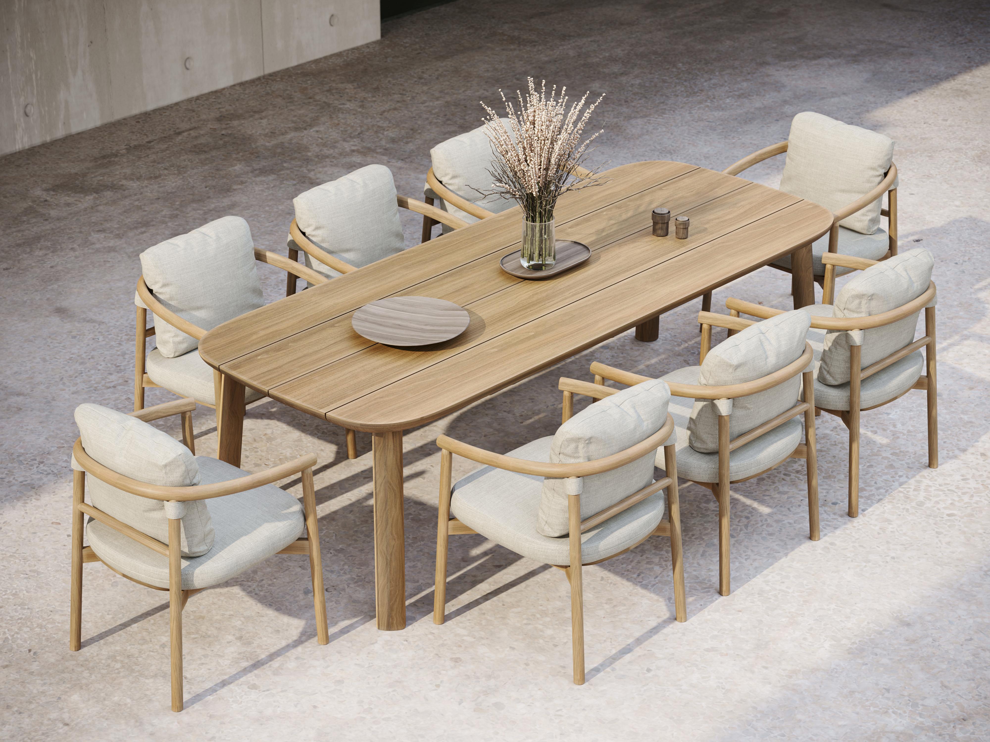 Other Lyora Teak And Ethereal Fabric Upholstery Dining Chair With Armrests by SNOC For Sale