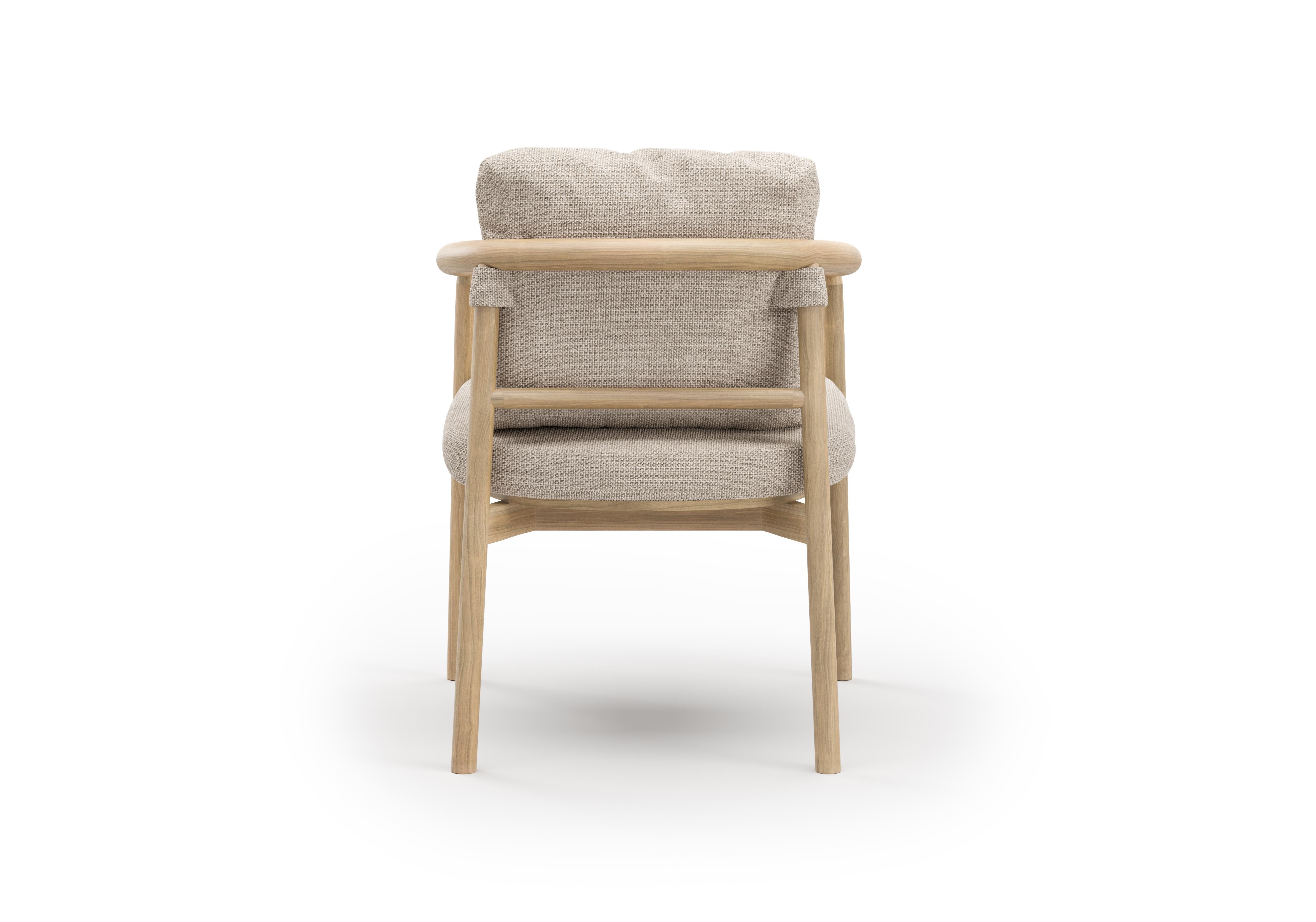 Lyora Teak And Ethereal Fabric Upholstery Dining Chair With Armrests by SNOC In New Condition For Sale In Geneve, CH