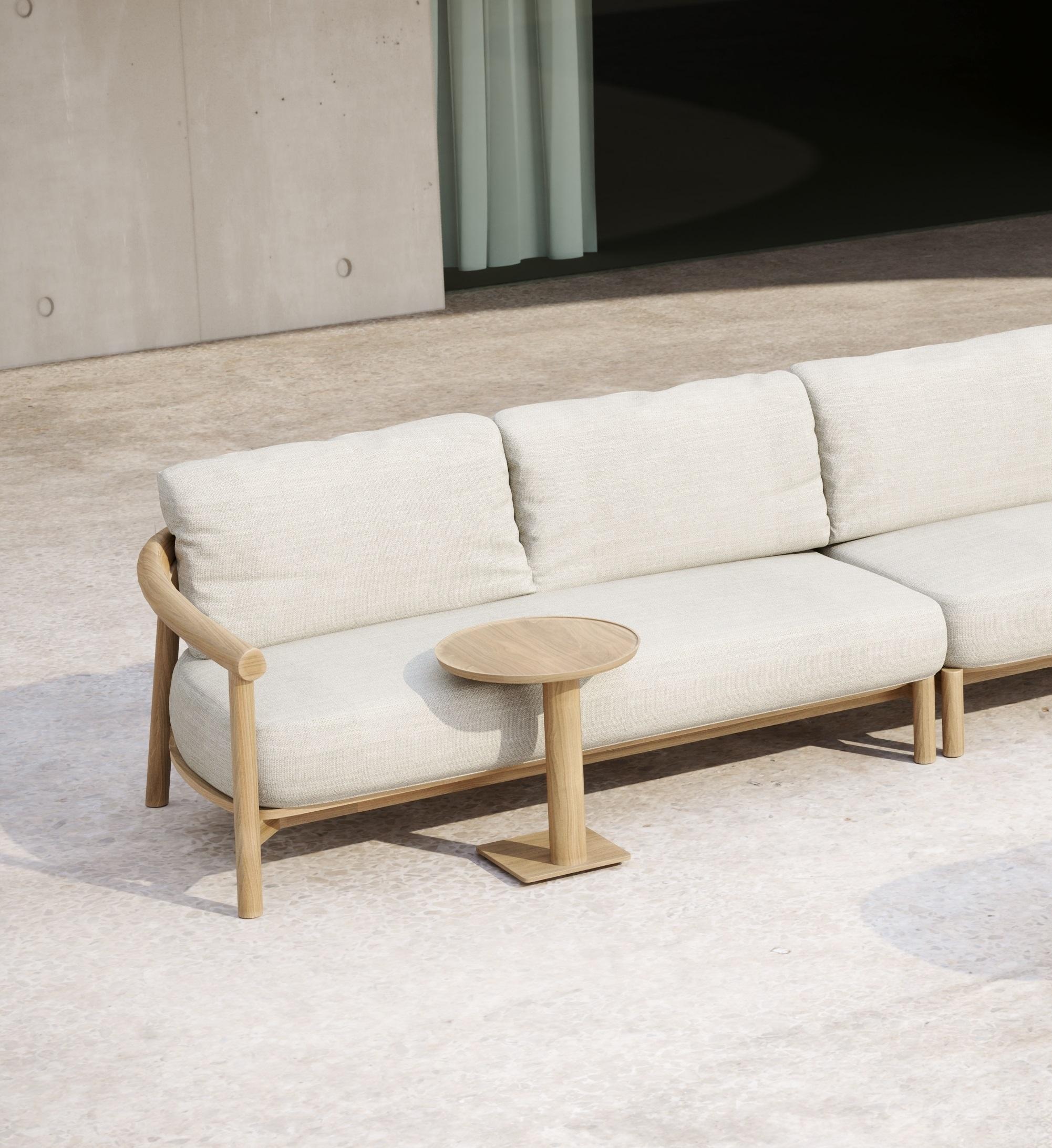 Lyora Teak Wood And Ethereal Fabric Two-Seater Left Modular Sofa by SNOC
Dimensions: D 88 x W 170 x H 66 cm. SH: 42 cm.
Materials: Teak wood and Ethereal fabric. 

A delicate mid-century style, tempered by contemporary and eclectic incursions to