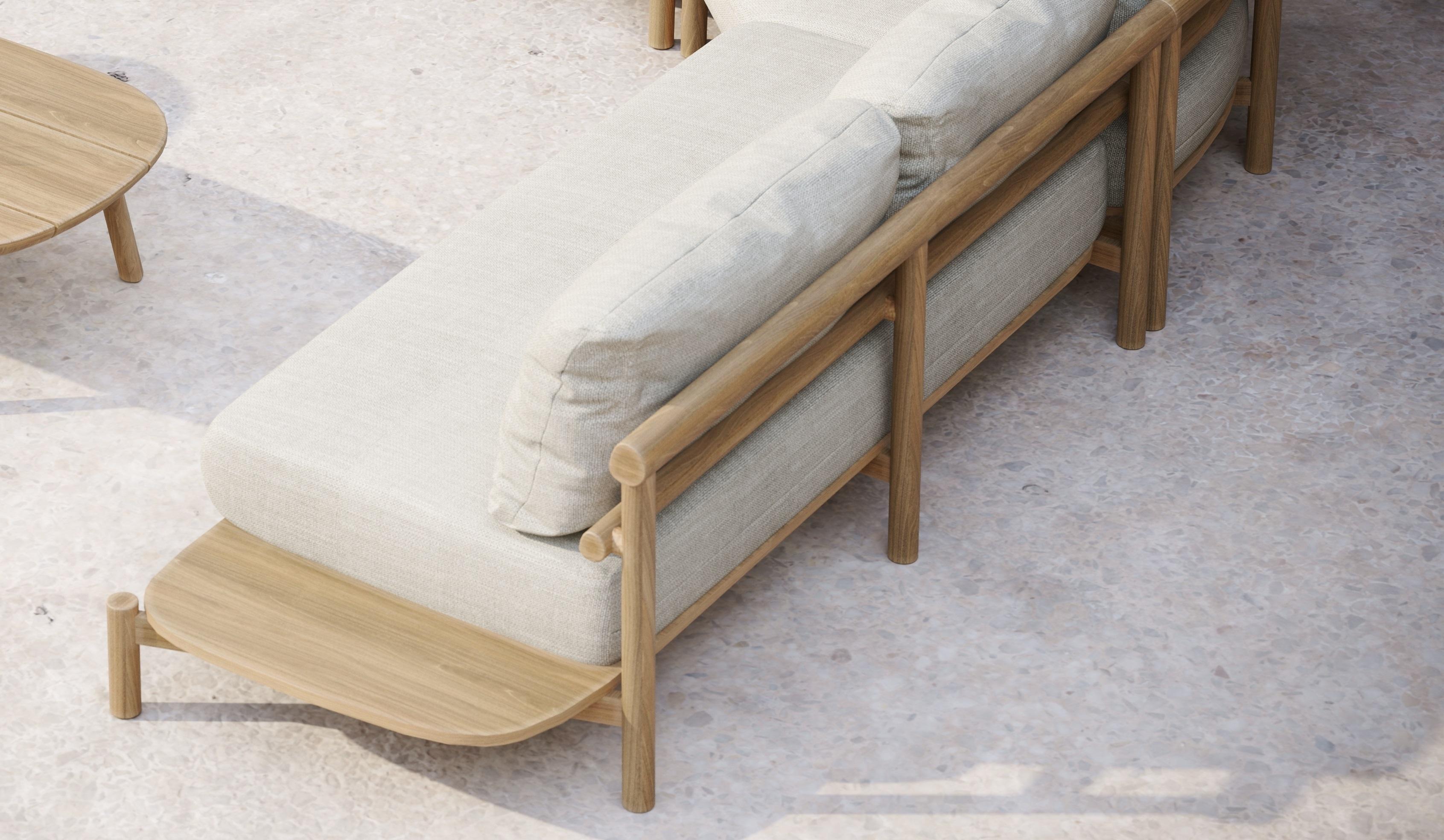 Post-Modern Lyora Teak Wood And Ethereal Fabric Two-Seater Modular Sofa With Table by SNOC For Sale