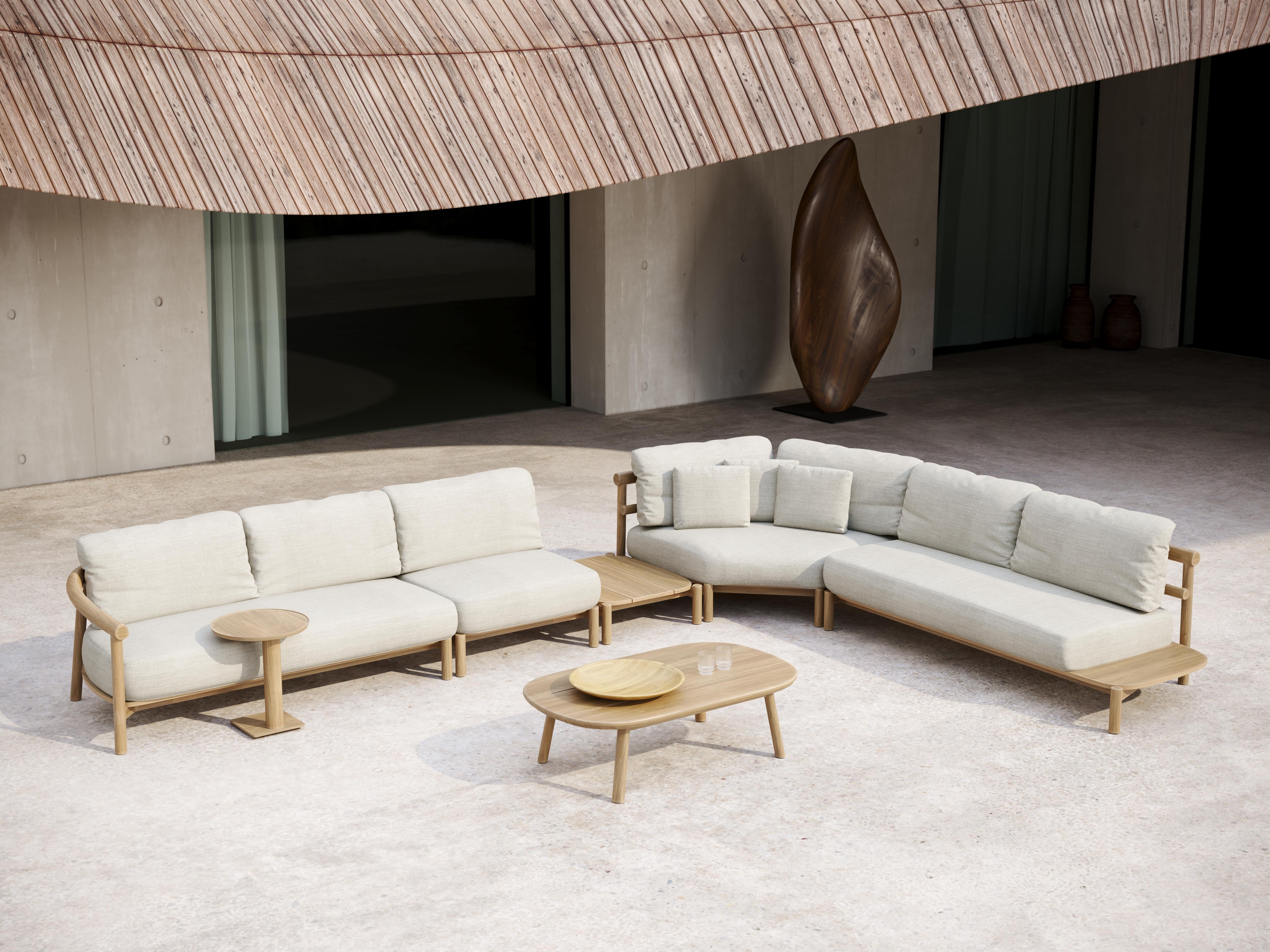 Turkish Lyora Teak Wood And Ethereal Fabric Two-Seater Modular Sofa With Table by SNOC For Sale