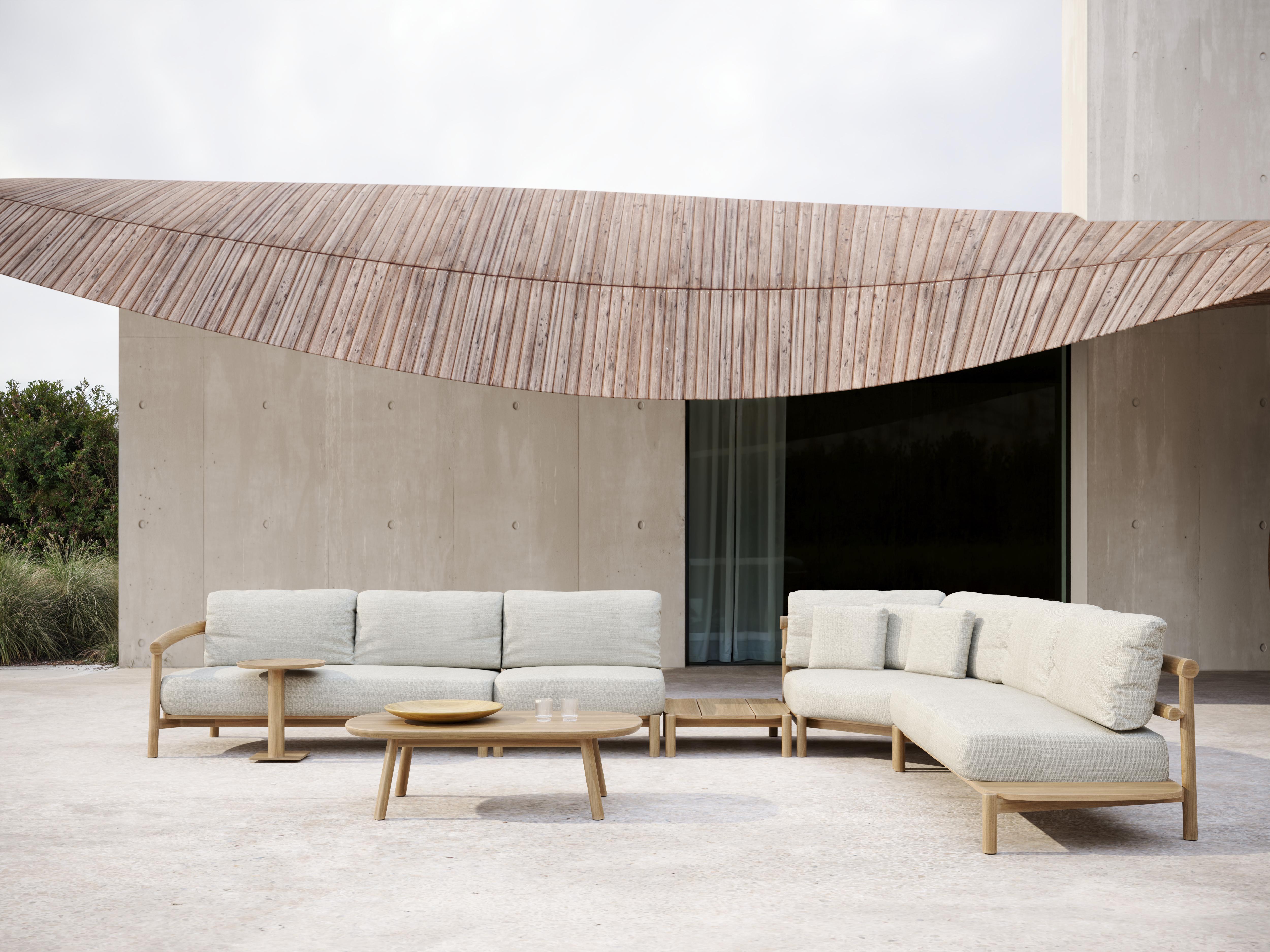 Lyora Teak Wood And Ethereal Fabric Two-Seater Modular Sofa With Table by SNOC In New Condition For Sale In Geneve, CH