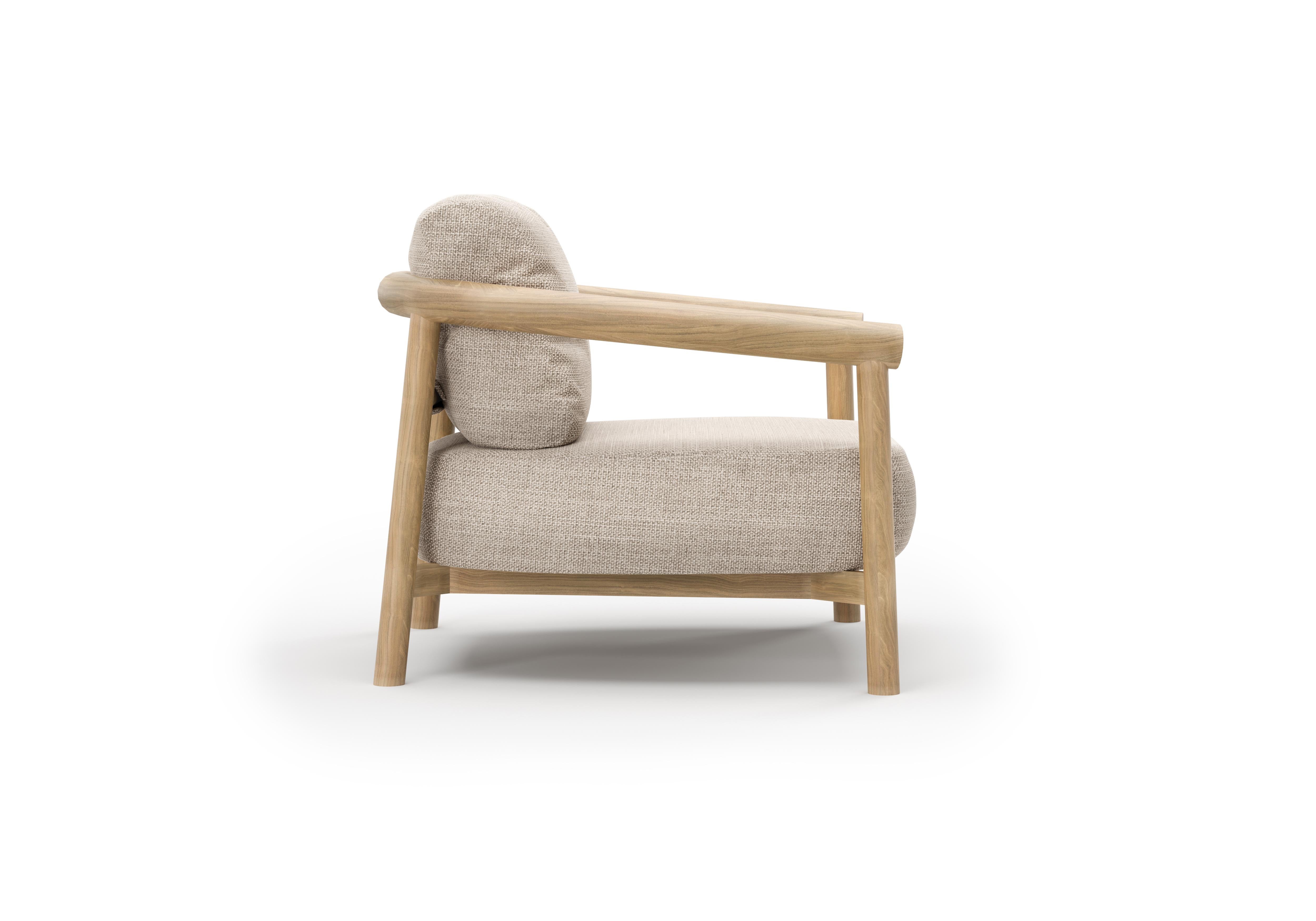 Contemporary Lyora Teak Wood And Ethereal Fabric Upholstery Armchair by SNOC For Sale