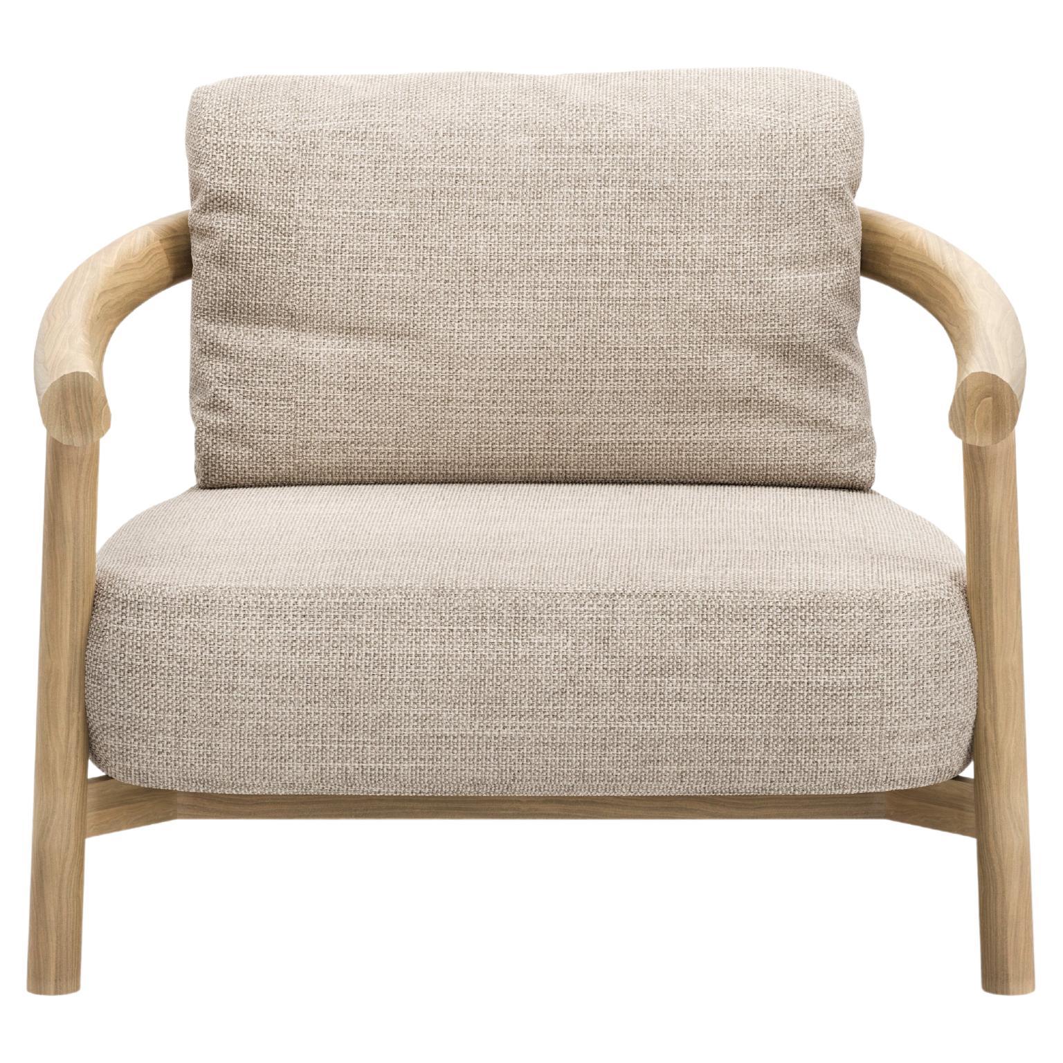 Lyora Teak Wood And Ethereal Fabric Upholstery Armchair by SNOC For Sale