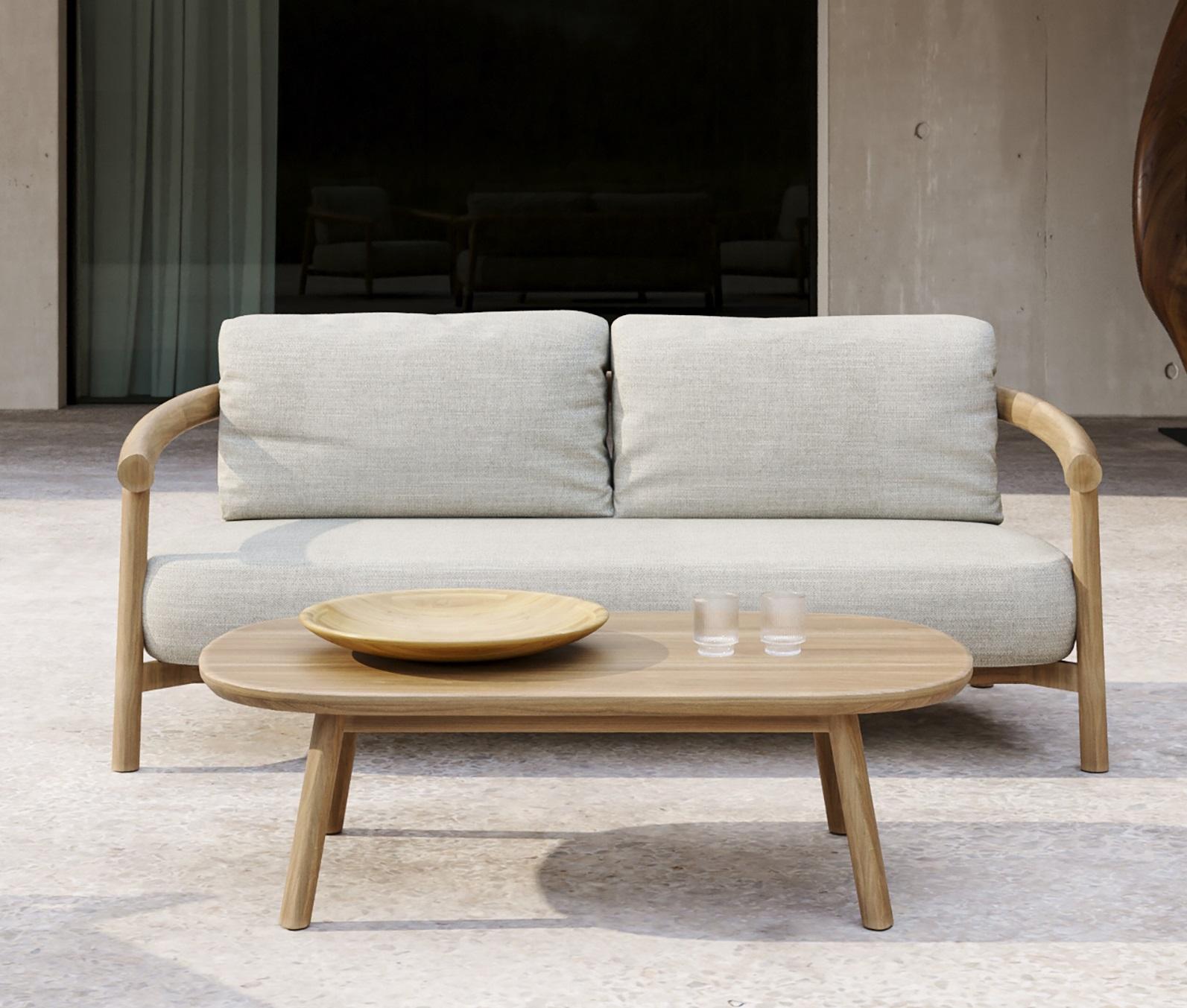 Lyora Teak Wood And Ethereal Fabric Upholstery Three-Seater Sofa by SNOC
Dimensions: D 88 x W 221,5 x H 68 cm. SH: 42 cm.
Materials: Teak wood and Ethereal fabric. 

A delicate mid-century style, tempered by contemporary and eclectic incursions to