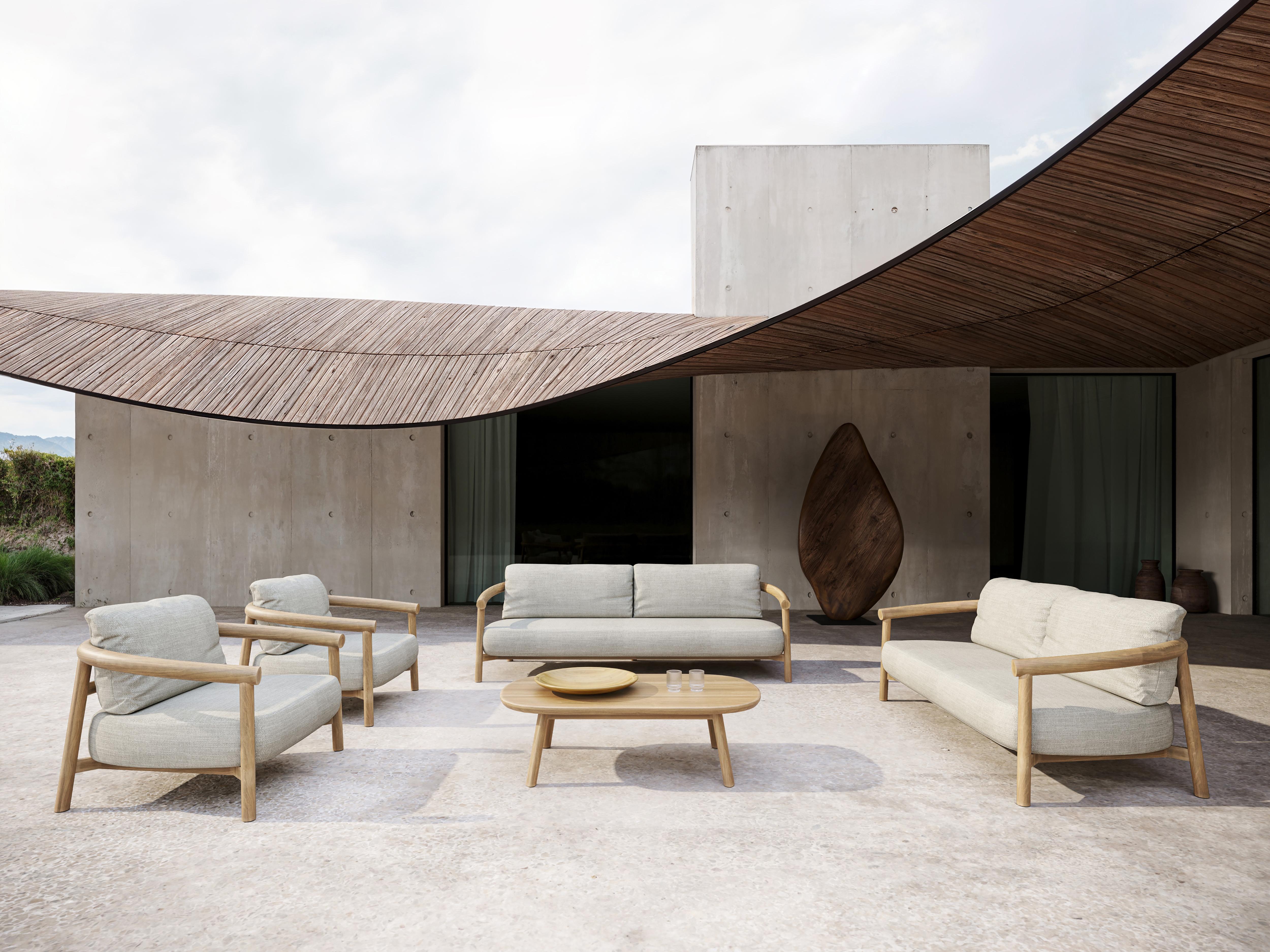 Post-Modern Lyora Teak Wood And Ethereal Fabric Upholstery Three-Seater Sofa by SNOC For Sale