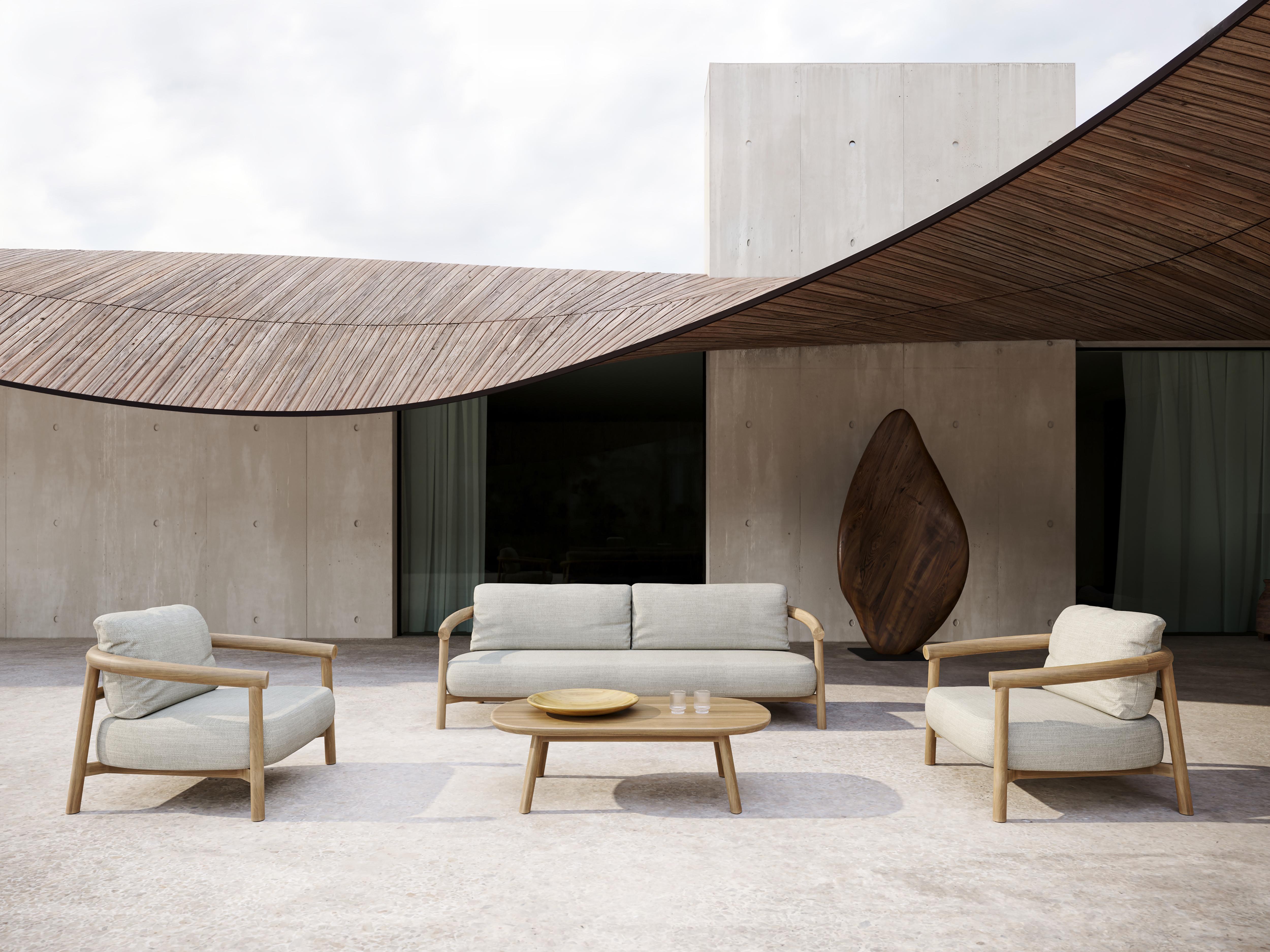 Turkish Lyora Teak Wood And Ethereal Fabric Upholstery Three-Seater Sofa by SNOC For Sale
