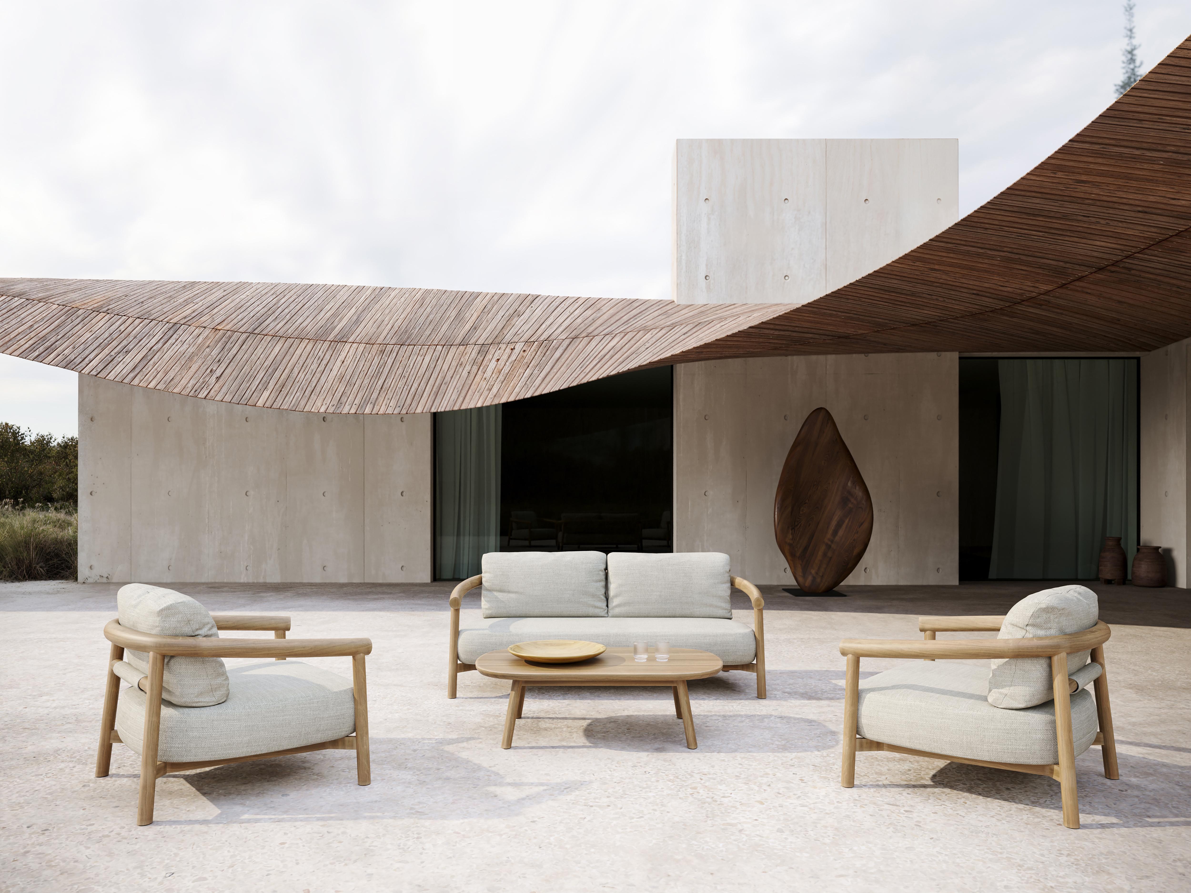 Other Lyora Teak Wood And Ethereal Fabric Upholstery Three-Seater Sofa by SNOC For Sale