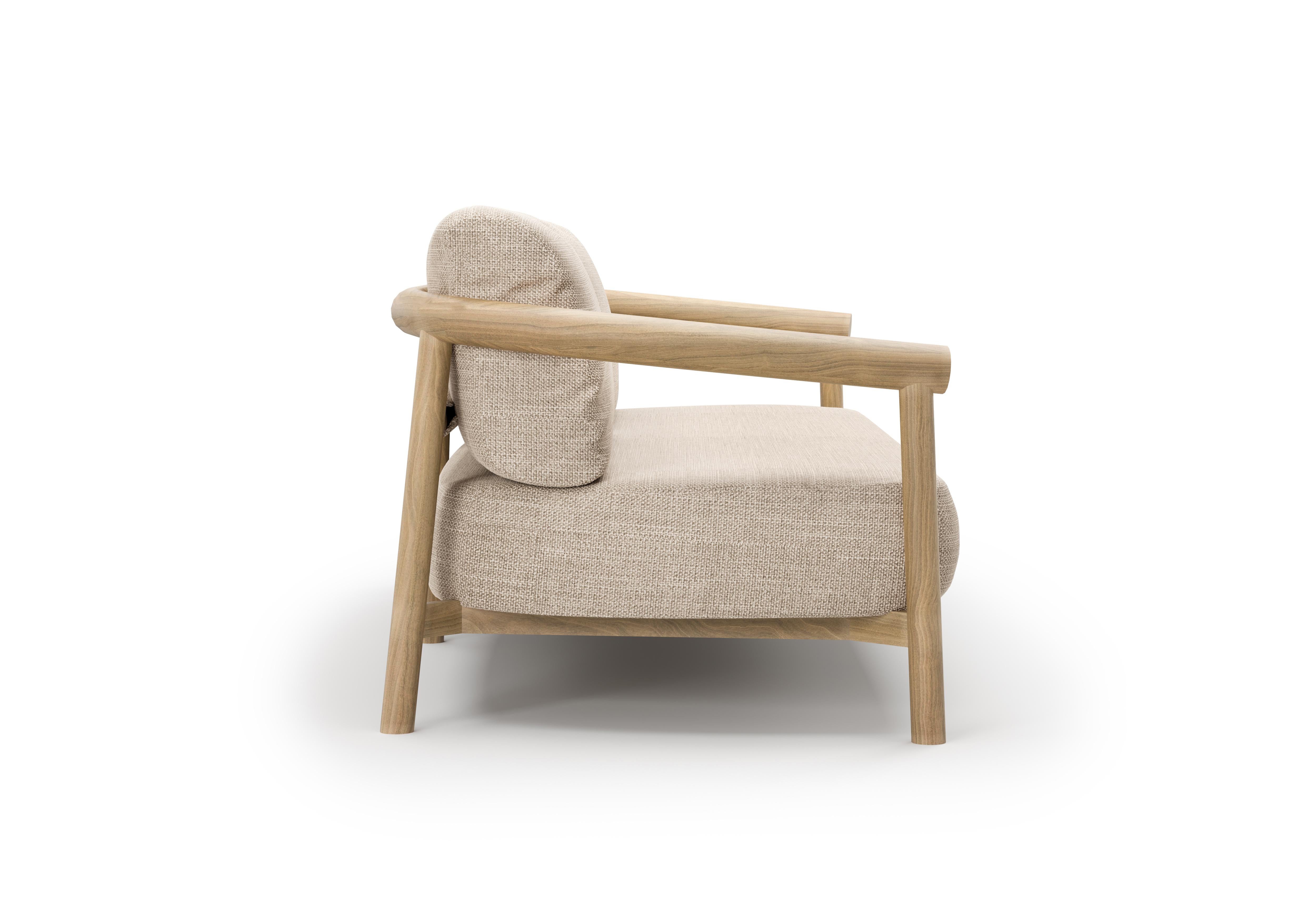 Contemporary Lyora Teak Wood And Ethereal Fabric Upholstery Three-Seater Sofa by SNOC For Sale