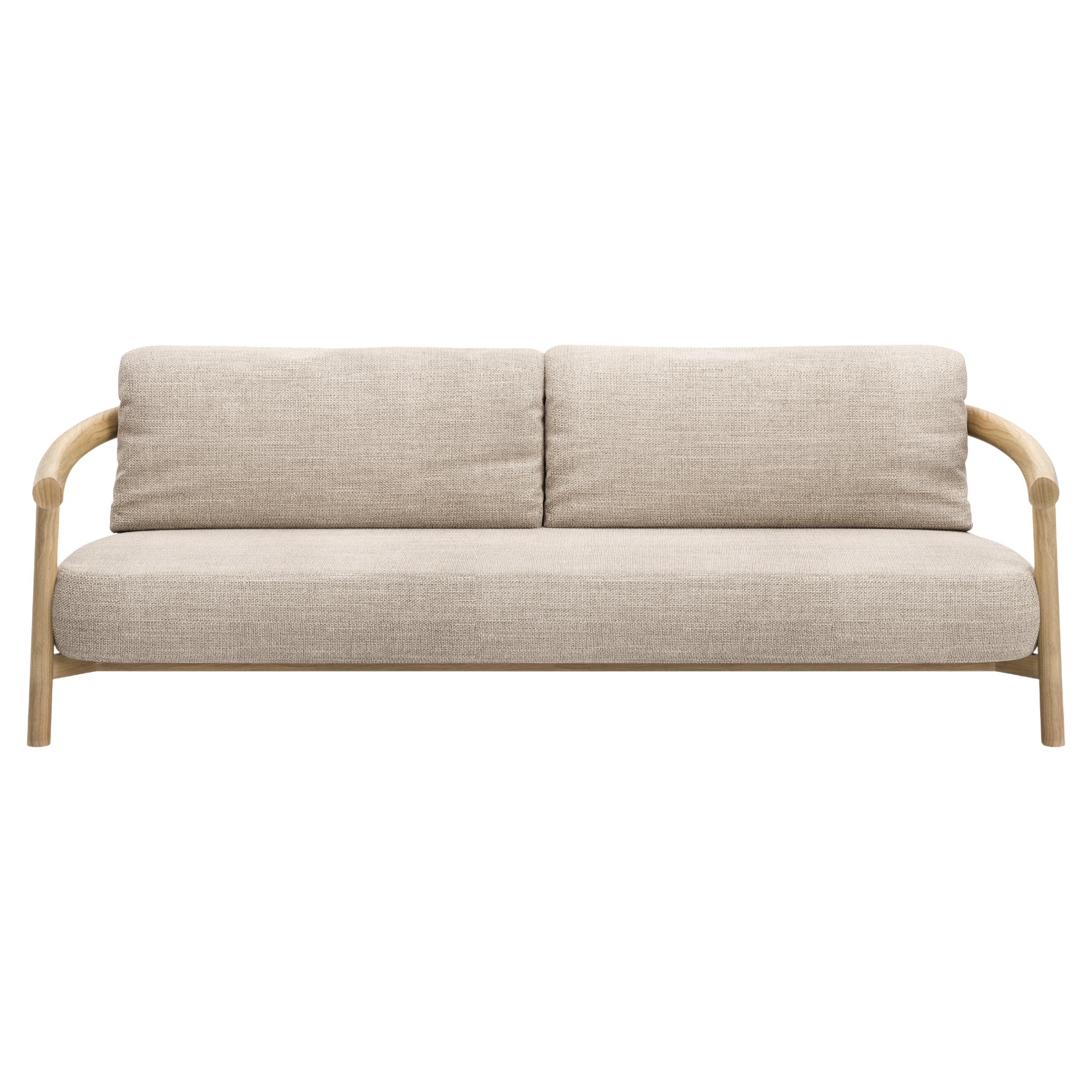 Lyora Teak Wood And Ethereal Fabric Upholstery Three-Seater Sofa by SNOC