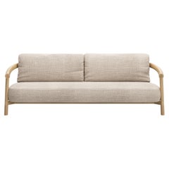 Lyora Teak Wood And Ethereal Fabric Upholstery Three-Seater Sofa by SNOC