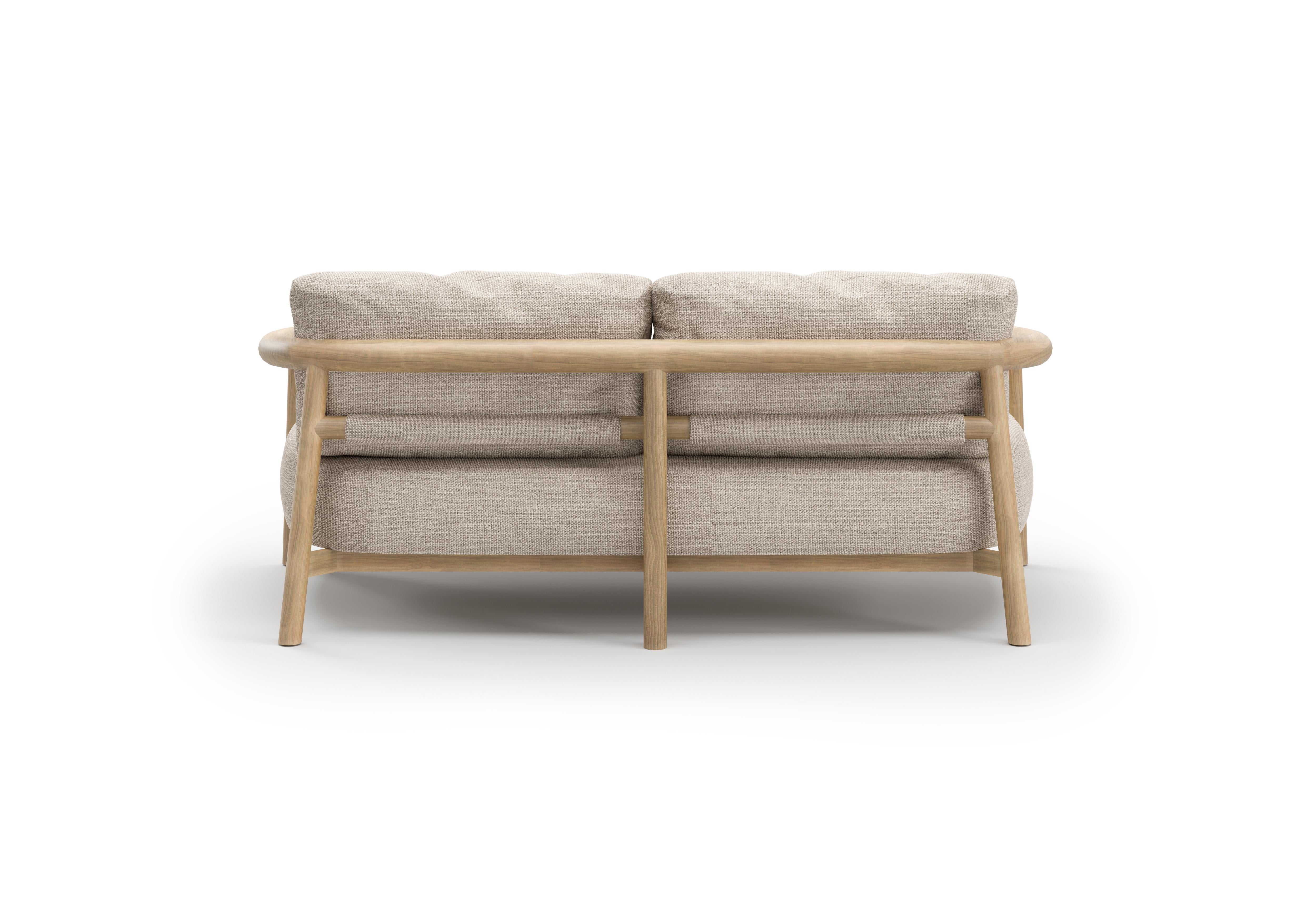 Lyora Teak Wood And Ethereal Fabric Upholstery Two-Seater Sofa by SNOC In New Condition For Sale In Geneve, CH