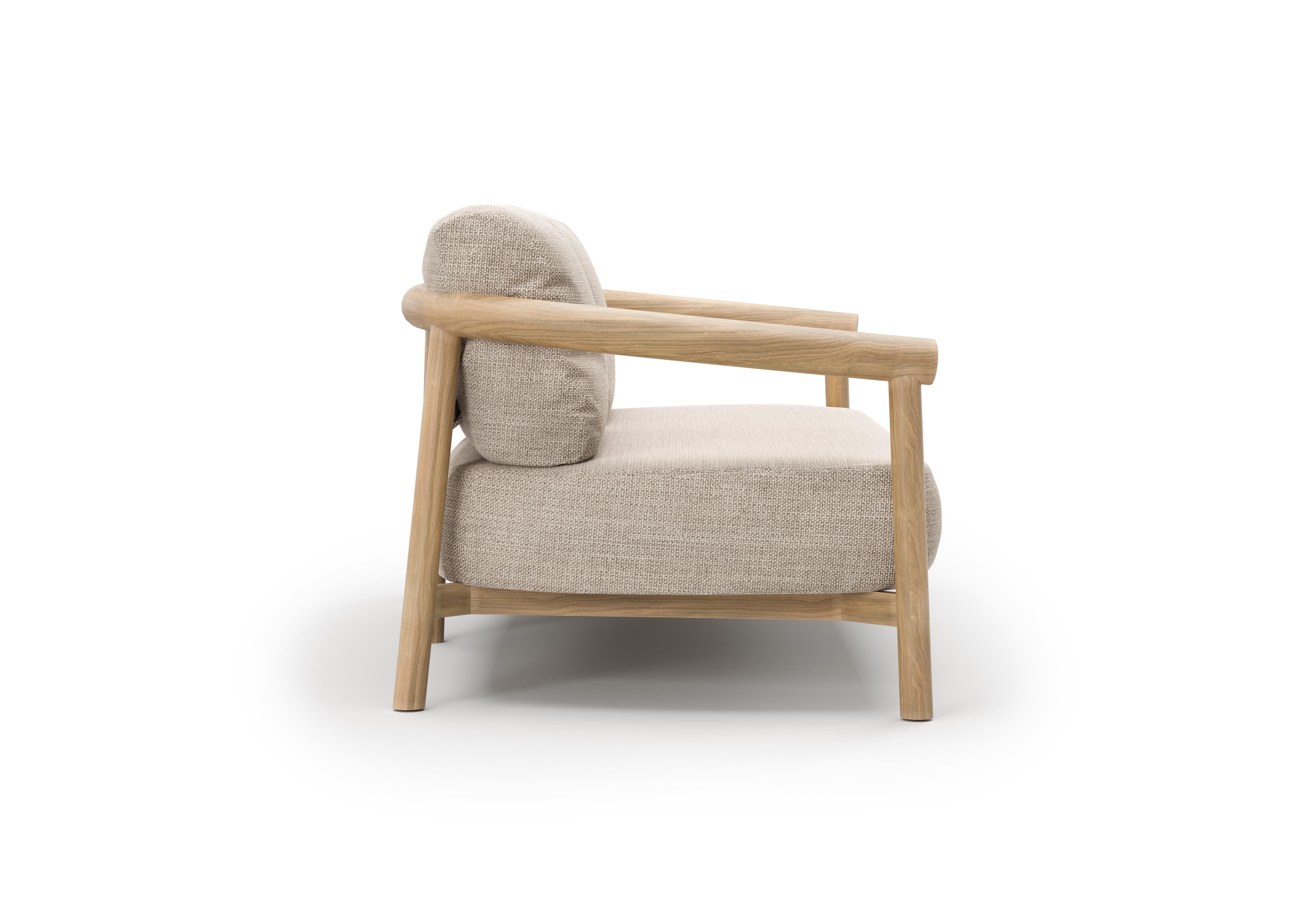 Contemporary Lyora Teak Wood And Ethereal Fabric Upholstery Two-Seater Sofa by SNOC For Sale