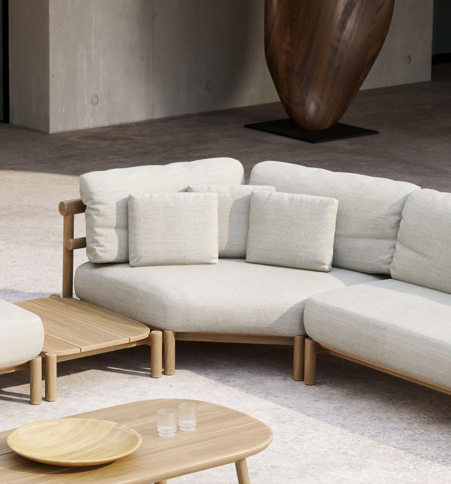 Lyora Teak Wood Frame And Ethereal Fabric Corner Modular Sofa by SNOC
Dimensions: D 125 x W 125 x H 66 cm. SH: 42 cm.
Materials: Teak wood and Ethereal fabric. 

A delicate mid-century style, tempered by contemporary and eclectic incursions to