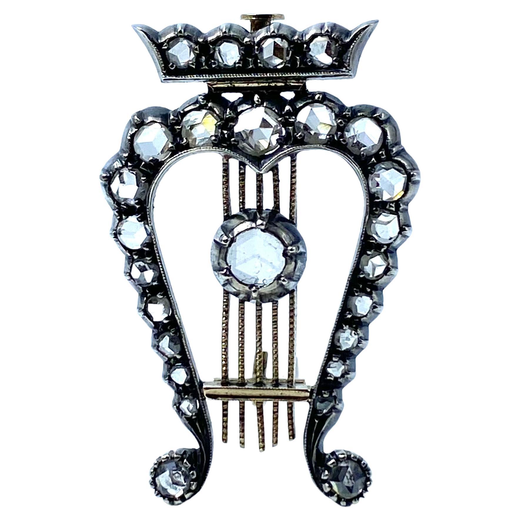 Classical Roman Lyra Diamonds Brooch, Late 19th Century For Sale