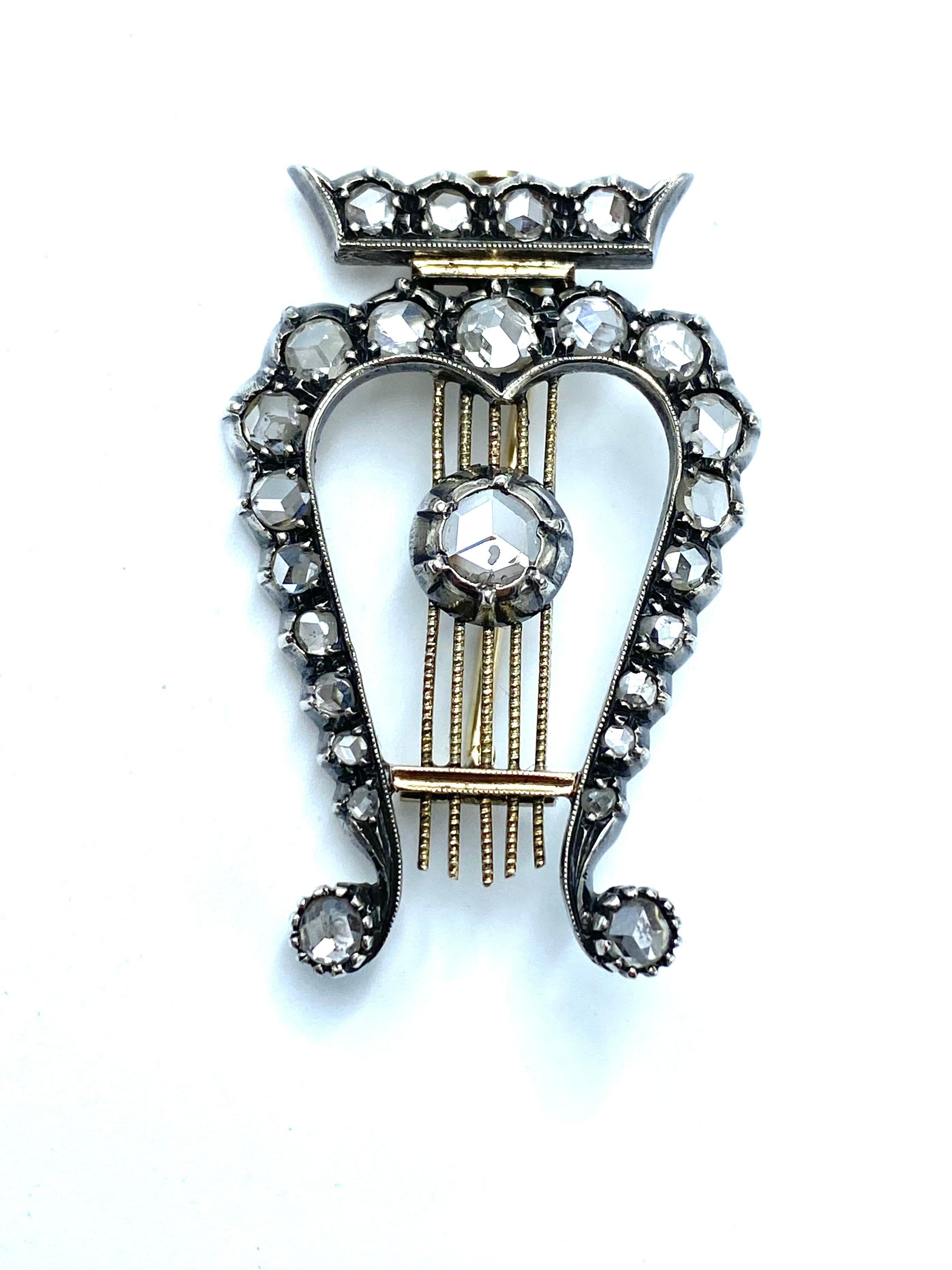 Rose Cut Lyra Diamonds Brooch, Late 19th Century For Sale