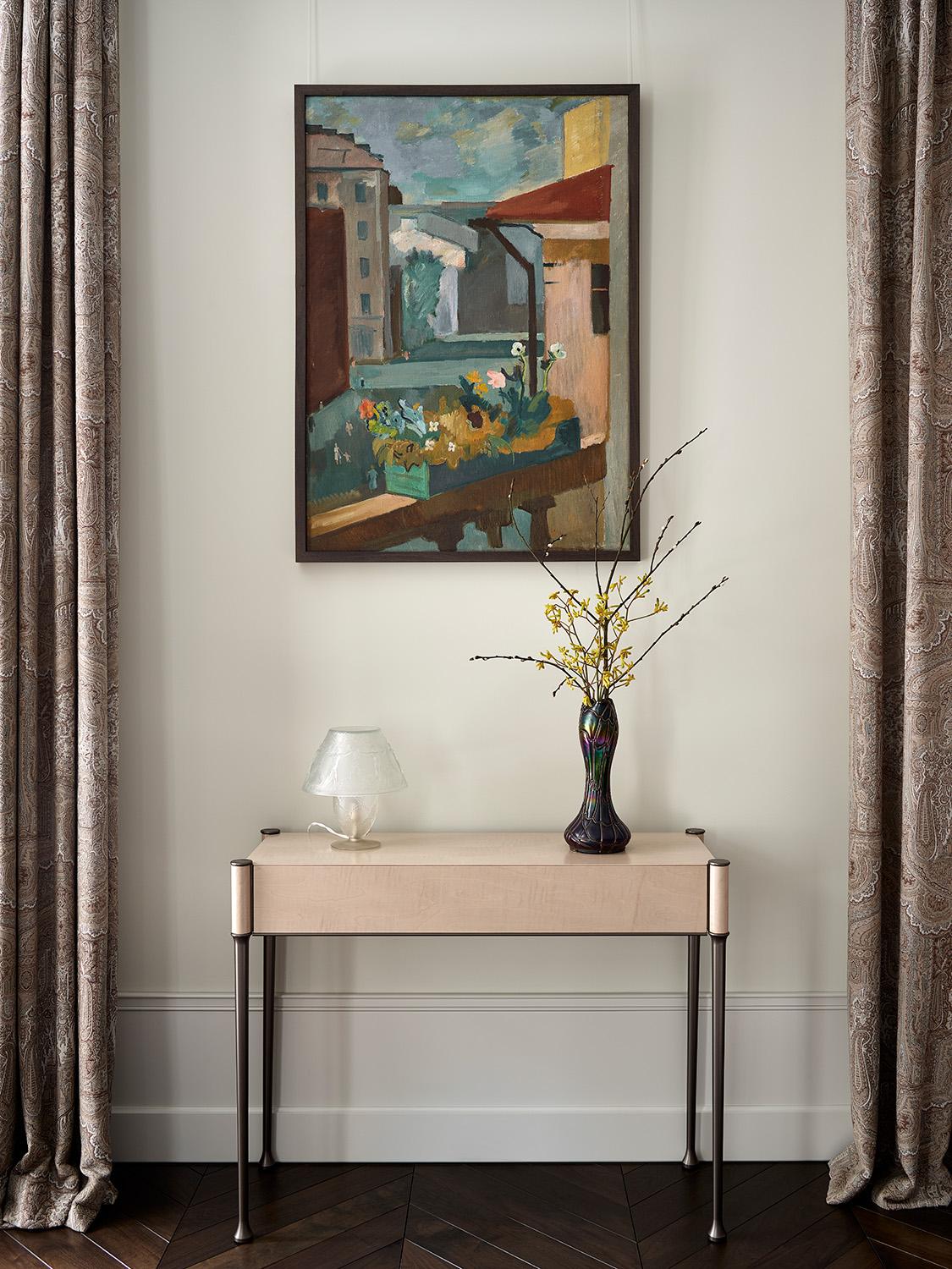 European Lyra Modern Console Table with Bronze Legs and Sycamore Top For Sale