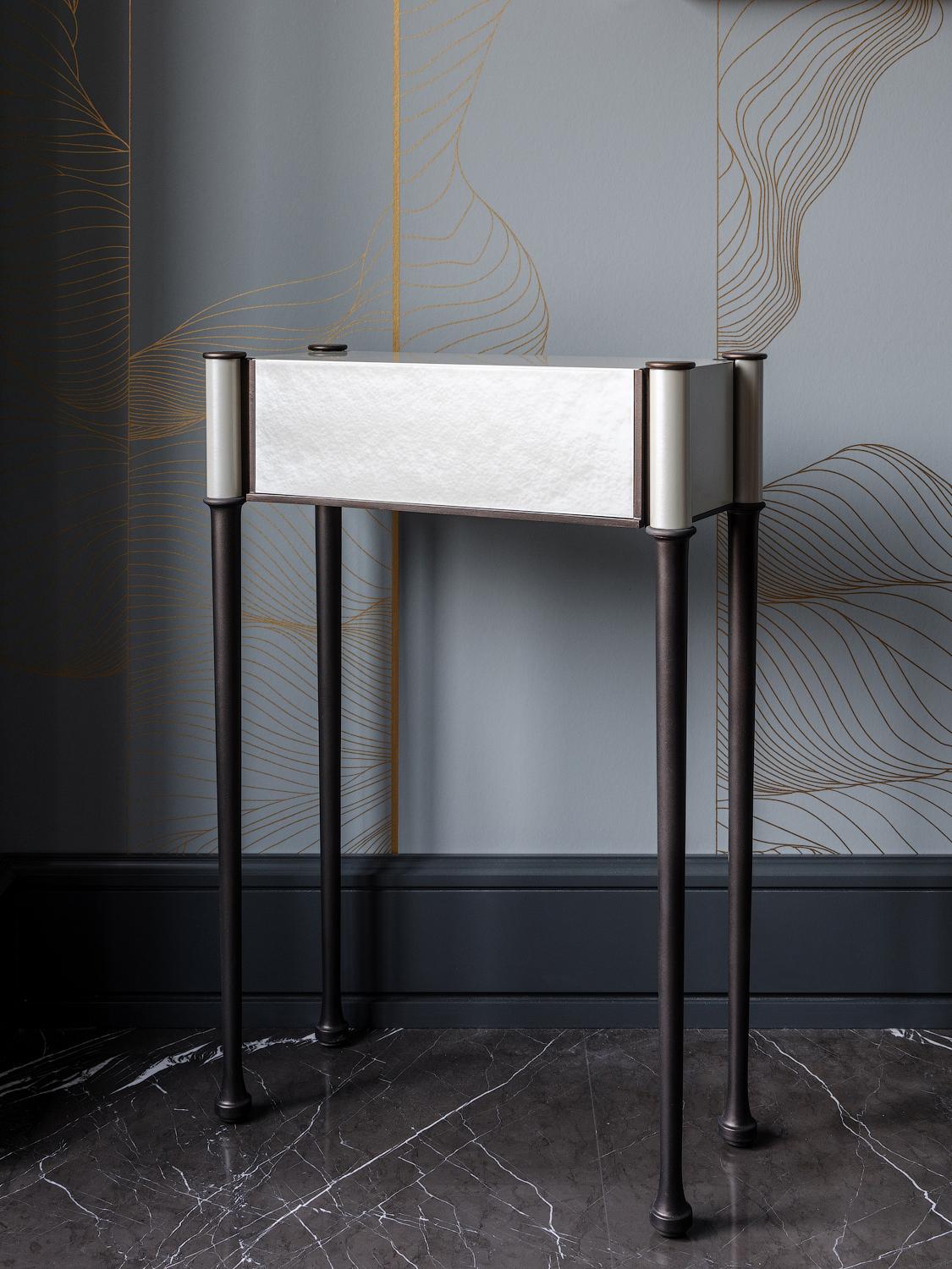 European Lyra Modern Miniature Console Table with Bronze Legs and Sycamore Top For Sale