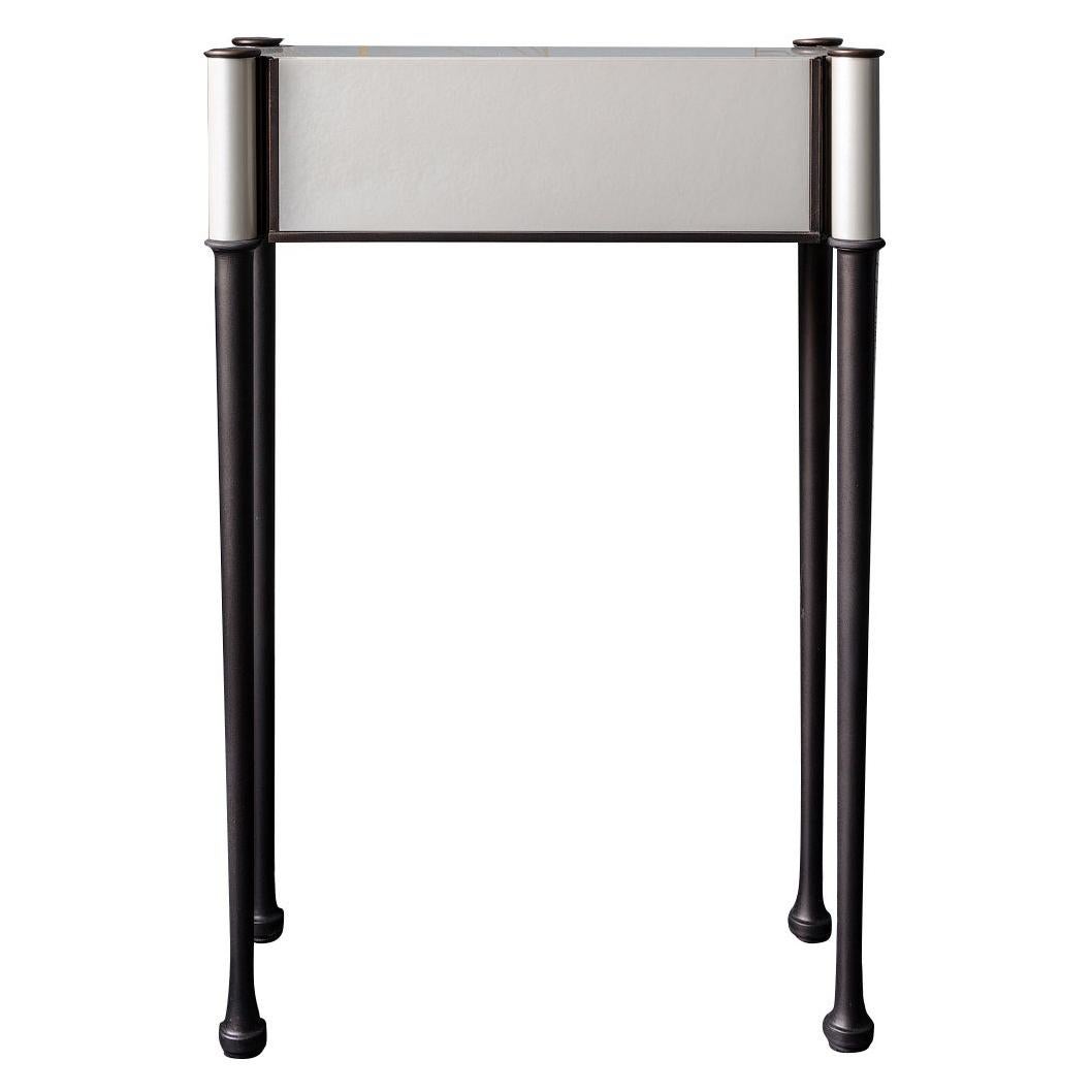 Lyra Modern Miniature Console Table with Bronze Legs and Sycamore Top For Sale
