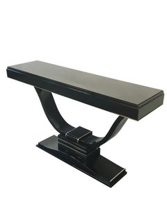 Lyra Shaped Art Deco Console Table in Black Piano Lacquer and Metal Applications