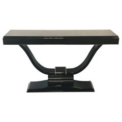 Lyra Shaped Art Deco Console Table in Black Piano Lacquer and Metal Applications