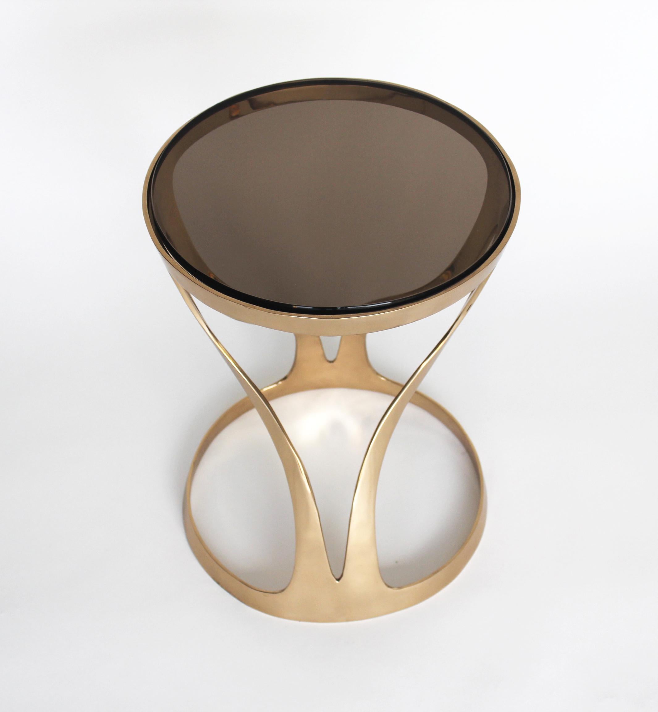 American Lyra Table - Polished Bronze & Smoked Glass - Design by Michael Sean Stolworthy For Sale