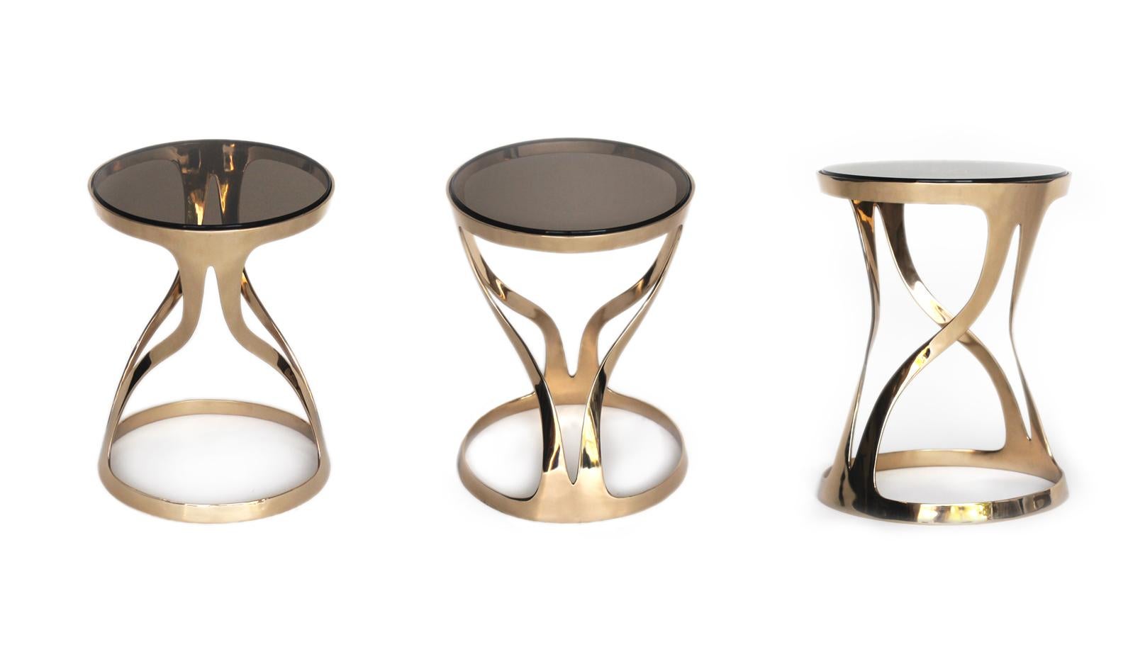 Lyra Table - Polished Bronze & Smoked Glass - Design by Michael Sean Stolworthy In New Condition For Sale In Las Vegas, NV