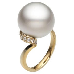 BUNDA 'Lyra' 15mm Tahitian Pearl & Diamond Ring made in 18k yellow gold