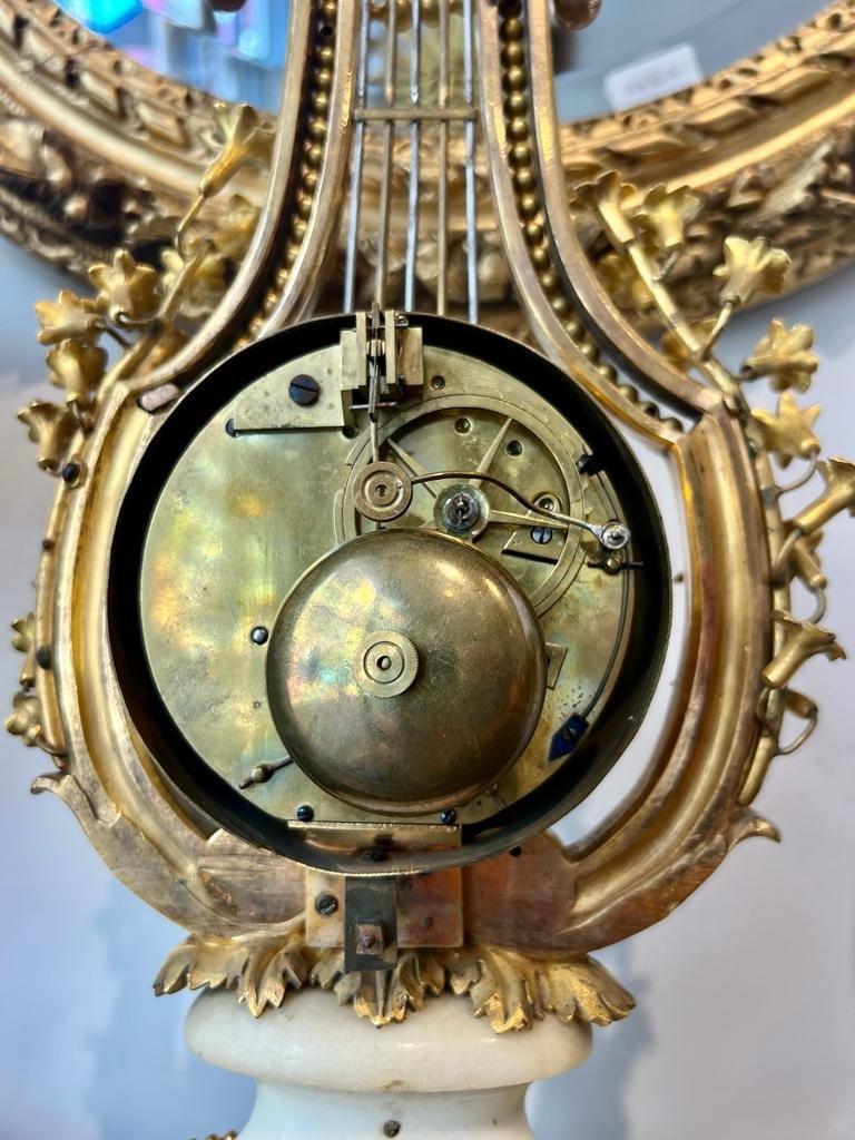 French Lyre Clock with Complications in Gilt Bronze & Marble from the Napoleon III Era 