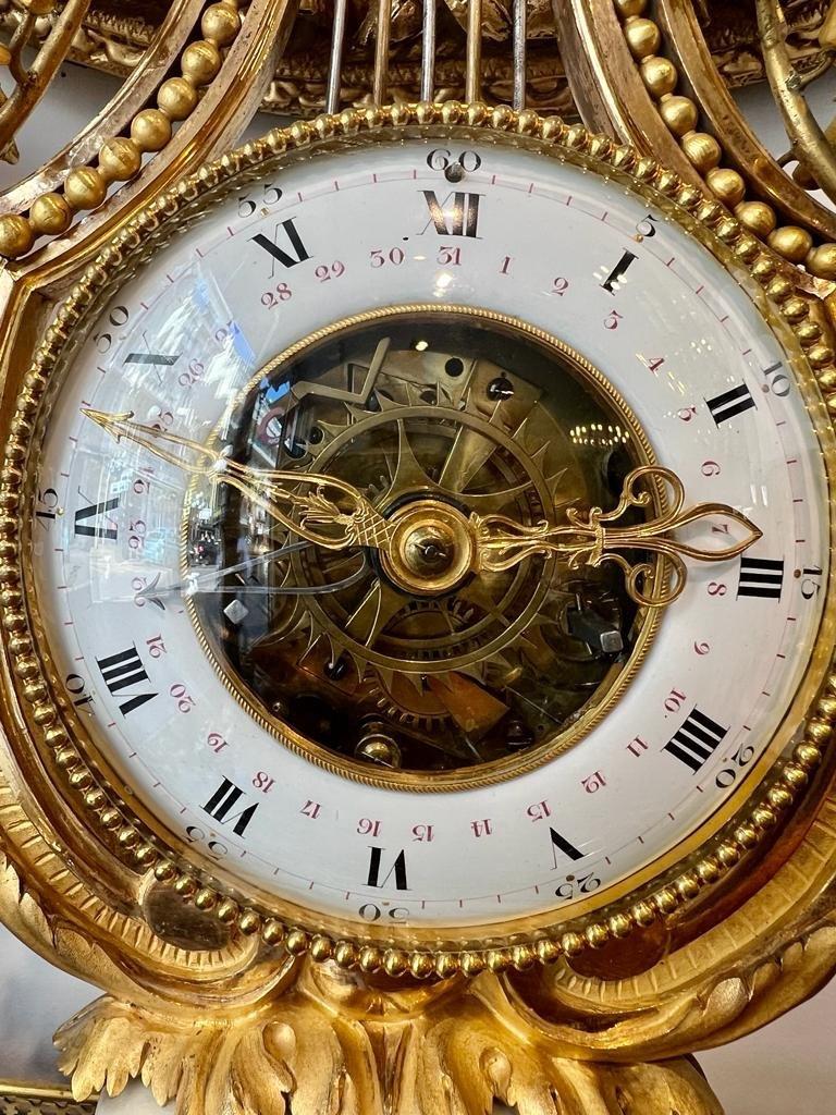 19th Century Lyre Clock with Complications in Gilt Bronze & Marble from the Napoleon III Era 