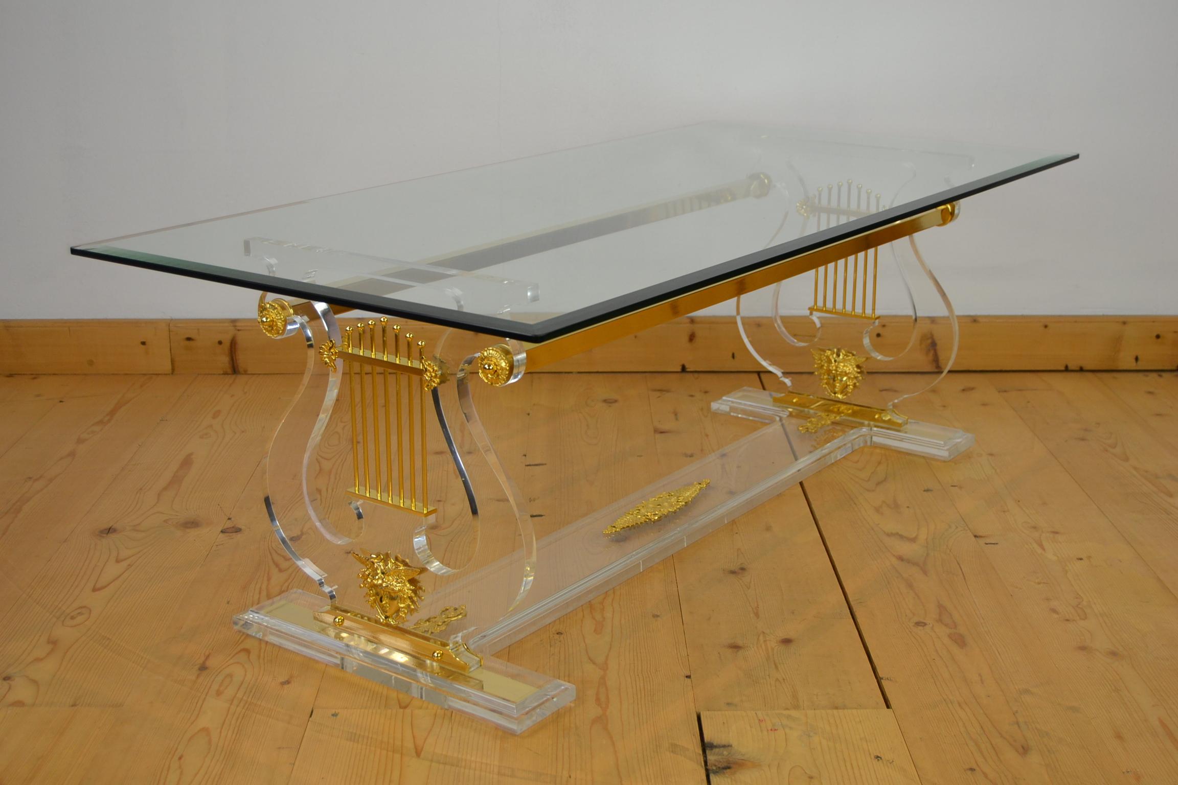 Lyre Coffee Table, Lucite Base with Beveled Glass Table Top, Hollywood Regency 5