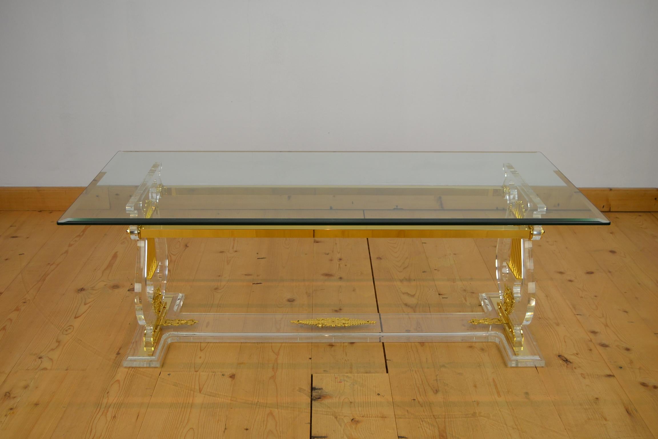 Lyre Coffee Table, Lucite Base with Beveled Glass Table Top, Hollywood Regency 6