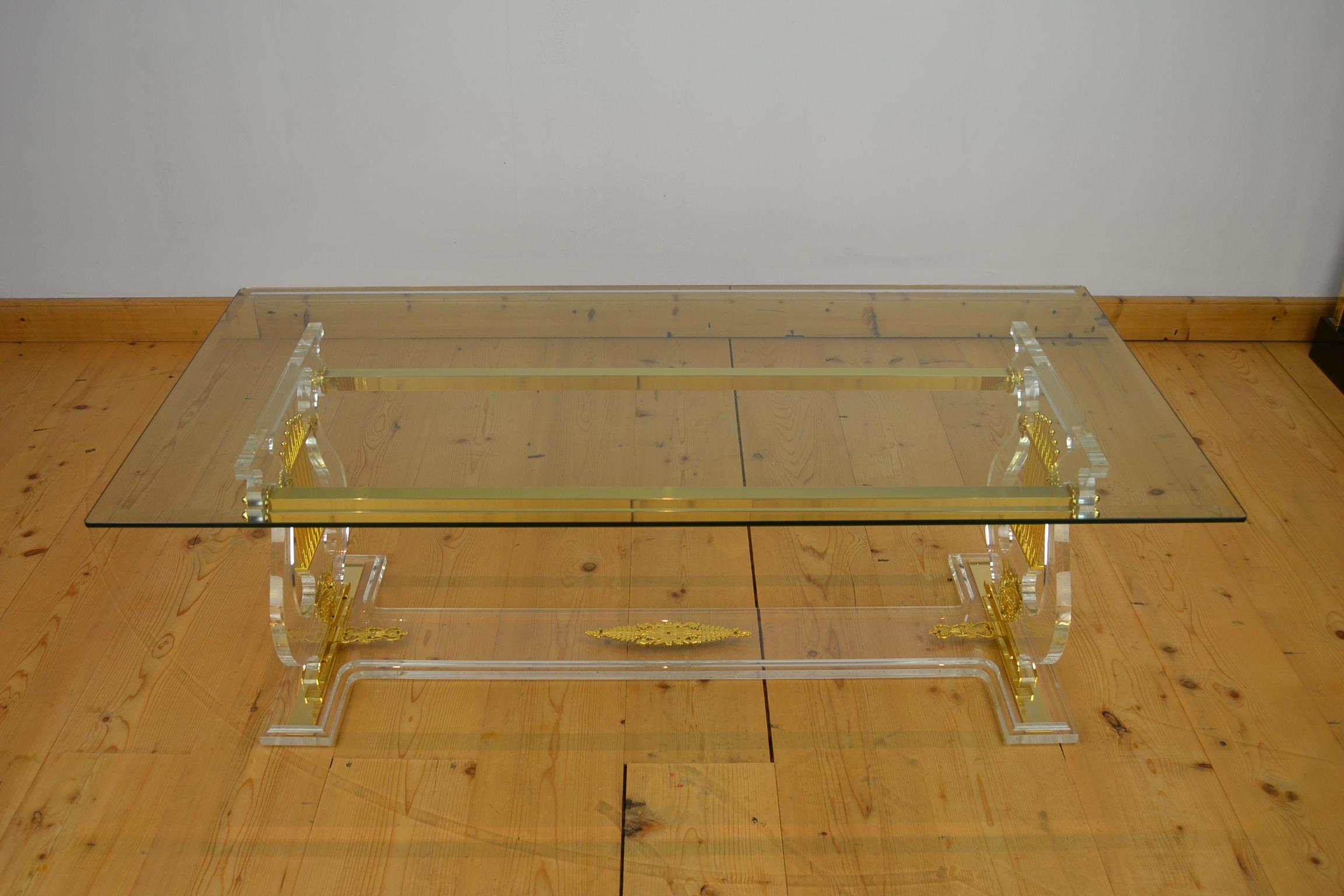 Lyre Coffee Table, Lucite Base with Beveled Glass Table Top, Hollywood Regency 7