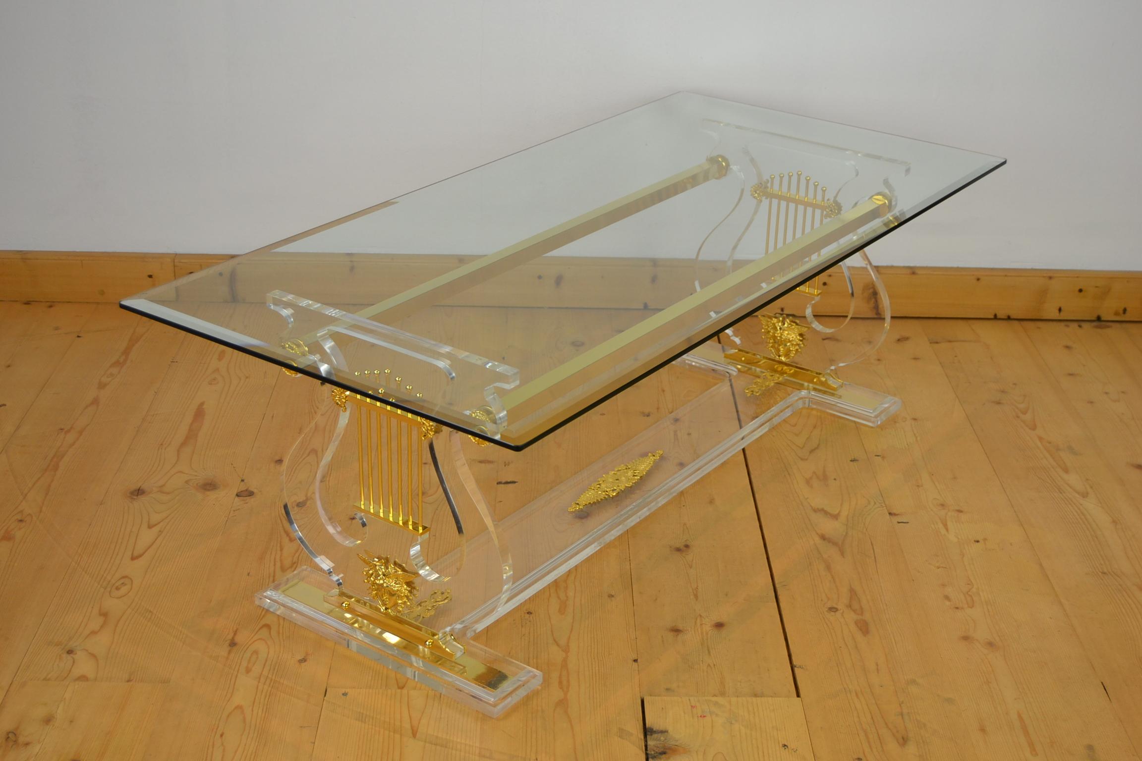 Lyre Coffee Table, Lucite Base with Beveled Glass Table Top, Hollywood Regency 9