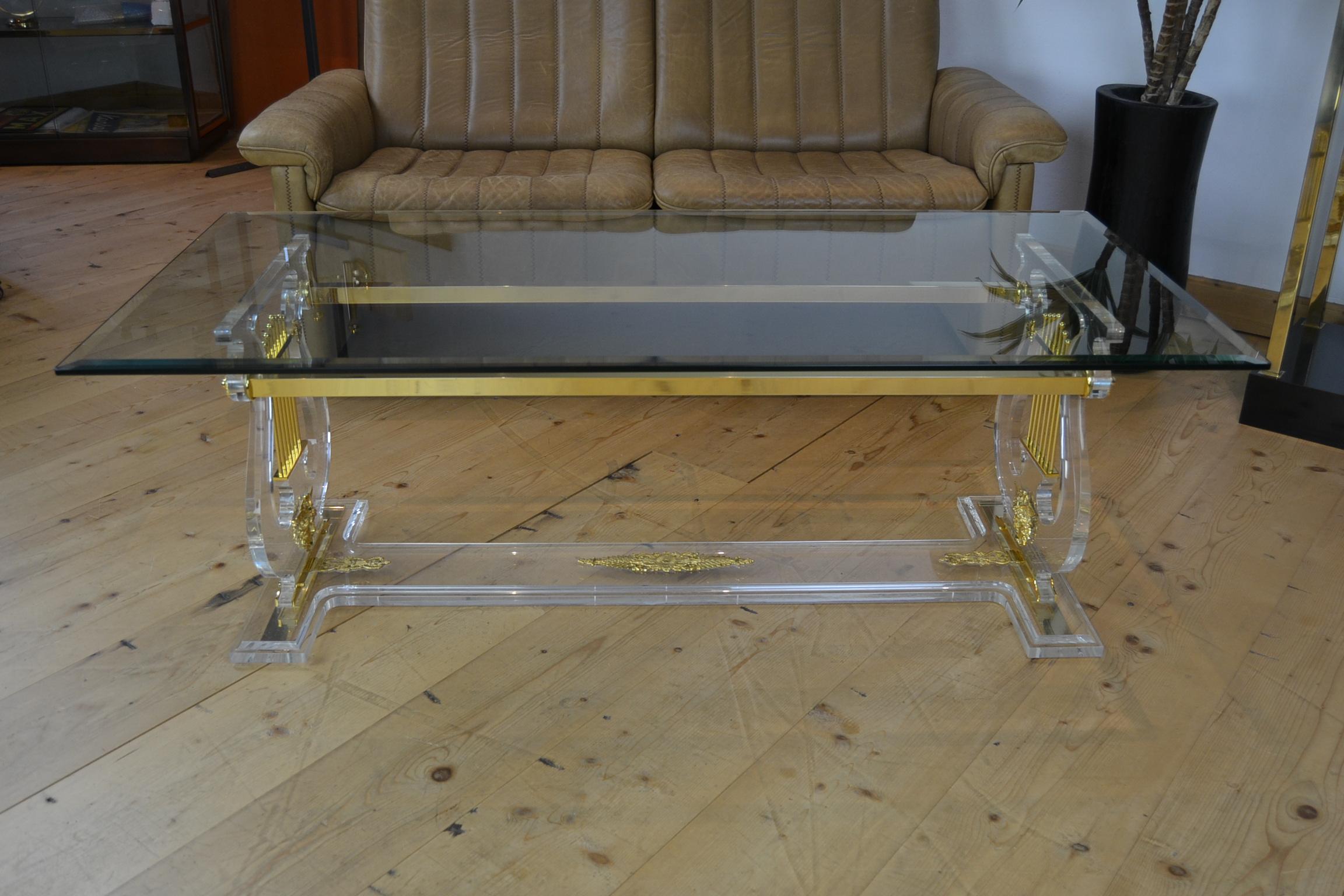 Lyre Coffee Table, Lucite Base with Beveled Glass Table Top, Hollywood Regency 2