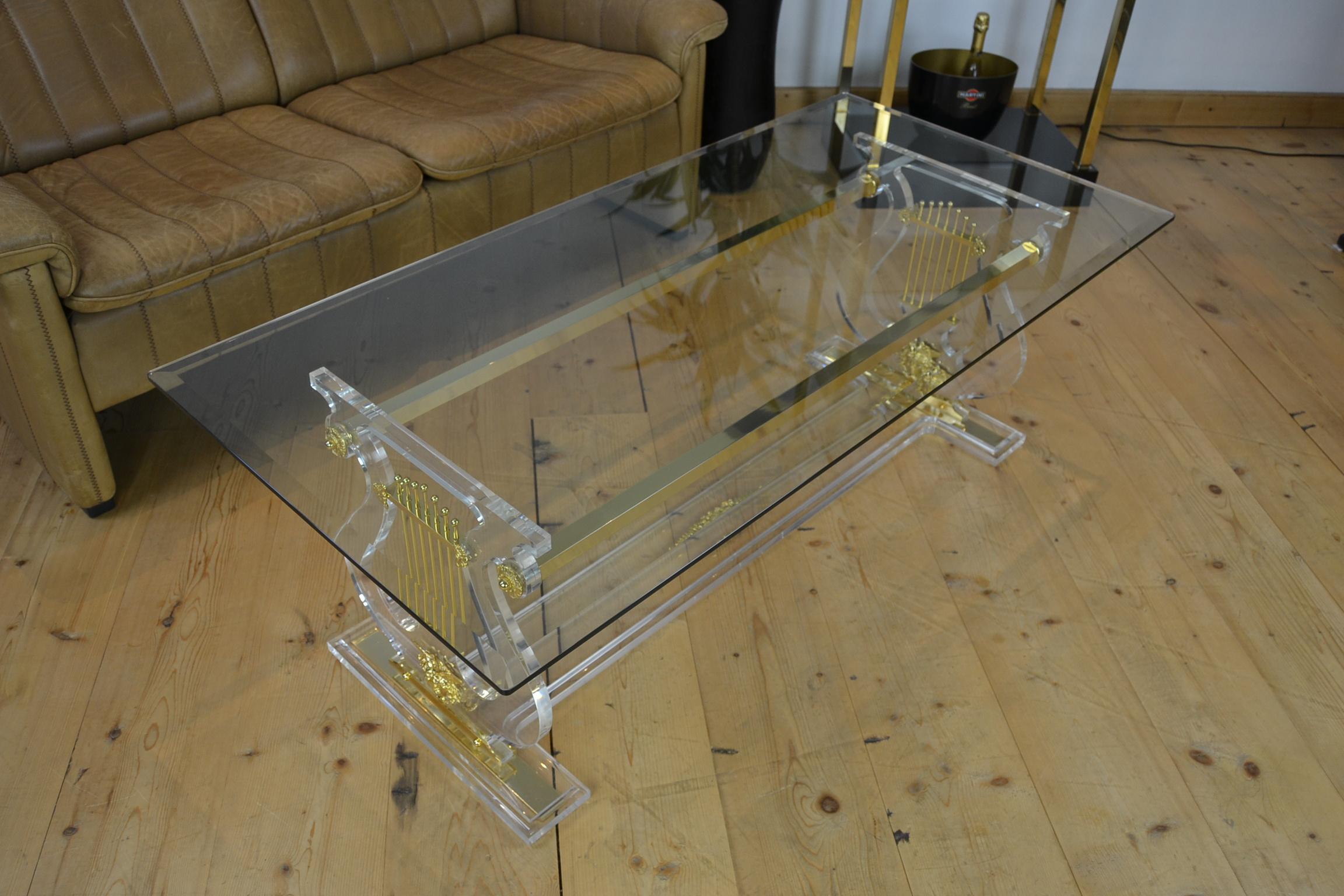 Lyre Coffee Table, Lucite Base with Beveled Glass Table Top, Hollywood Regency 3