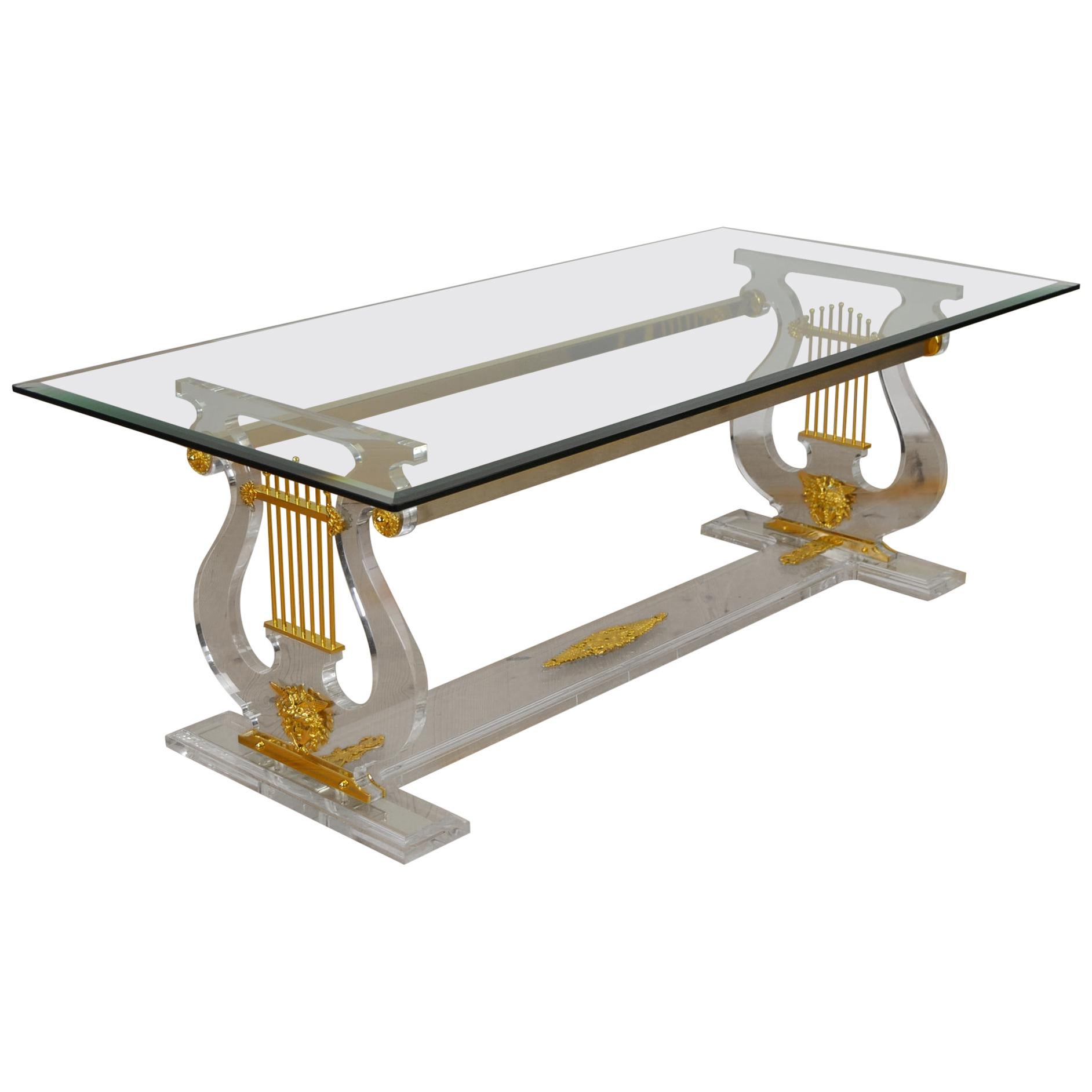 Lyre Coffee Table, Lucite Base with Beveled Glass Table Top, Hollywood Regency