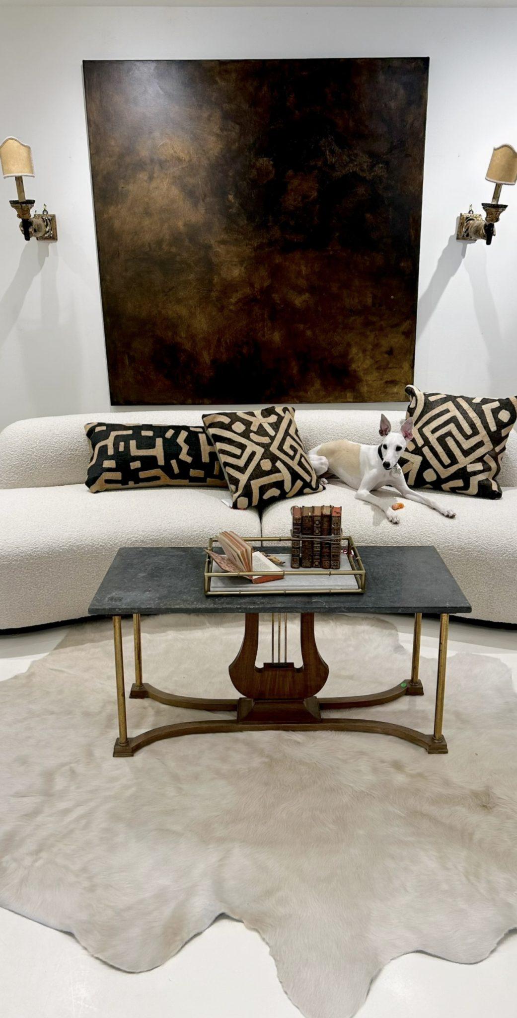 Brass Lyre Coffee Table with Marble Top For Sale