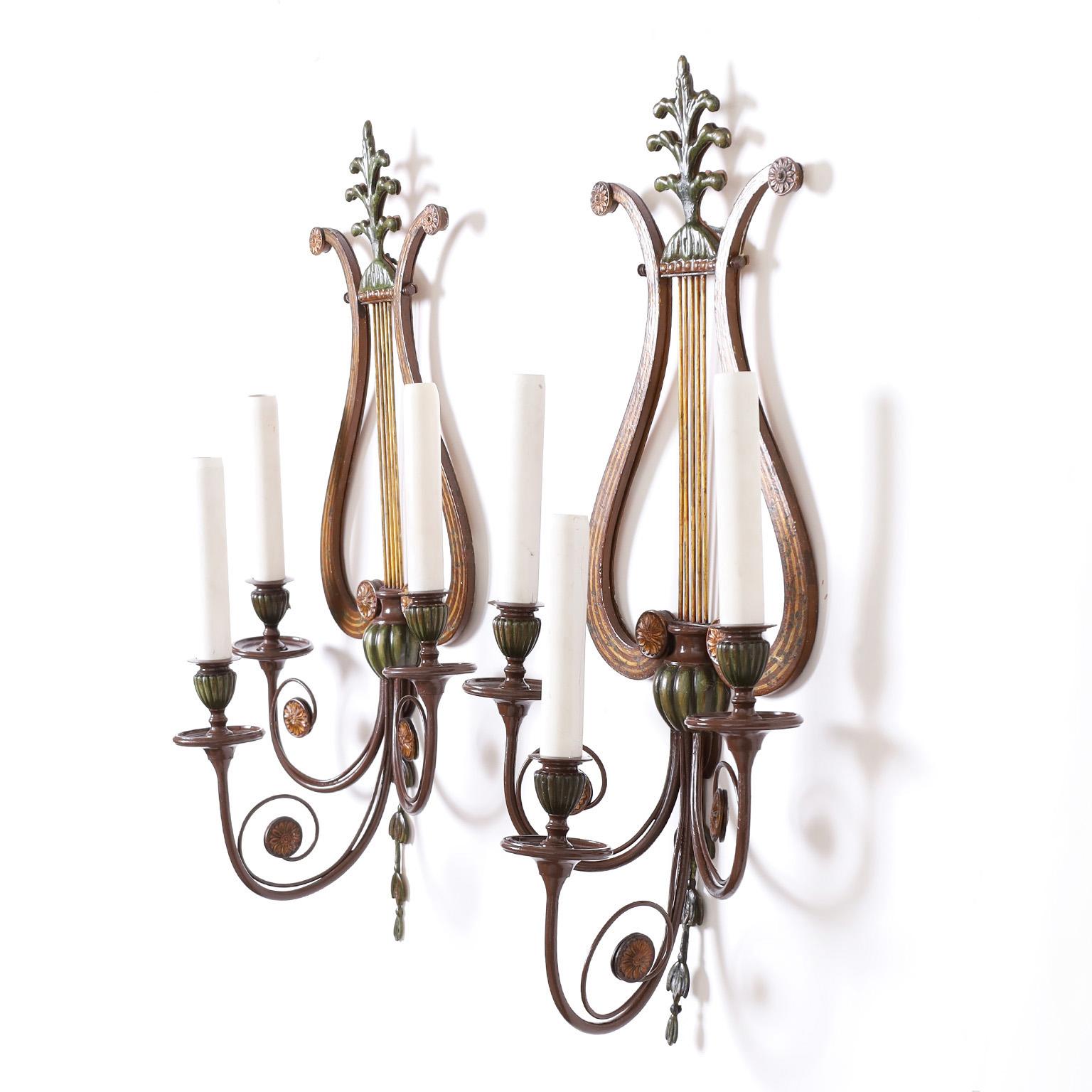 American Lyre Form Adam Style Tole Wall Sconces For Sale